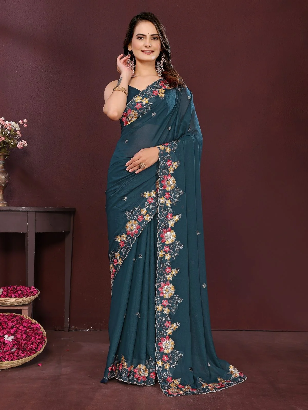 Odette Teal Blue Georgette Solid Saree For Women