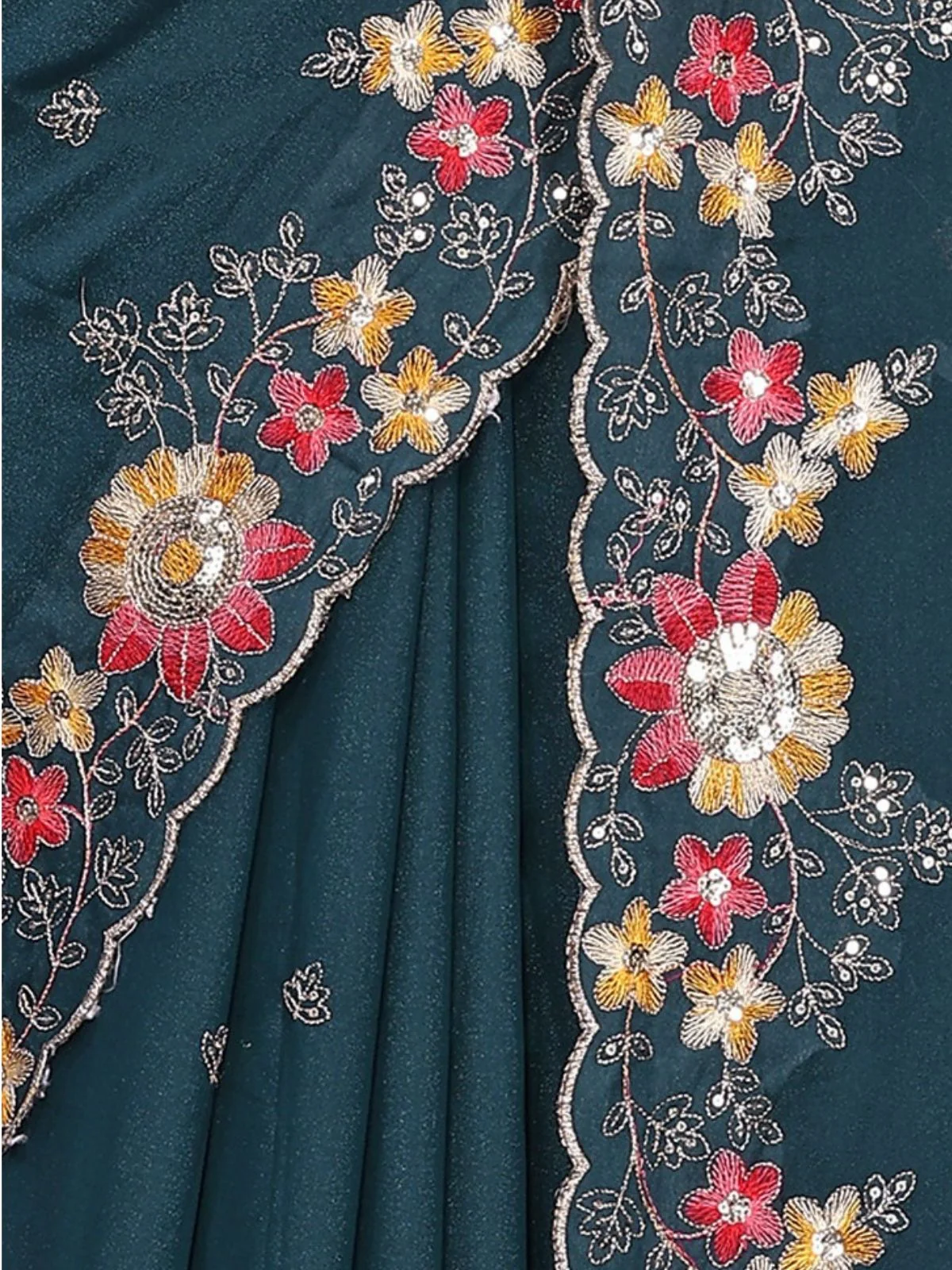 Odette Teal Blue Georgette Solid Saree For Women - Image 5