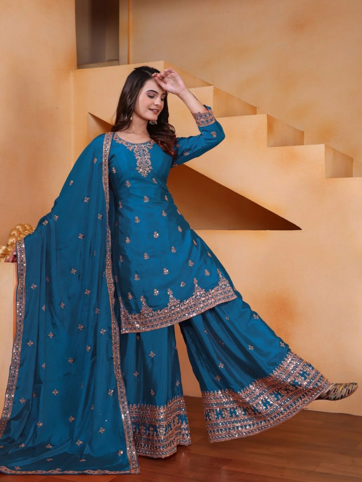 Odette Teal Blue Georgette Solid Stitched Kurta Set For Women - Image 2