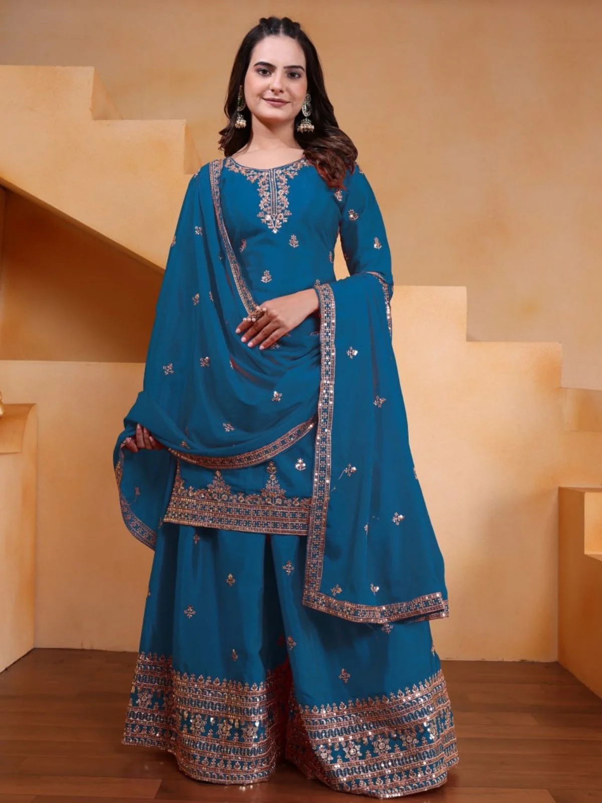 Odette Teal Blue Georgette Solid Stitched Kurta Set For Women - Image 3