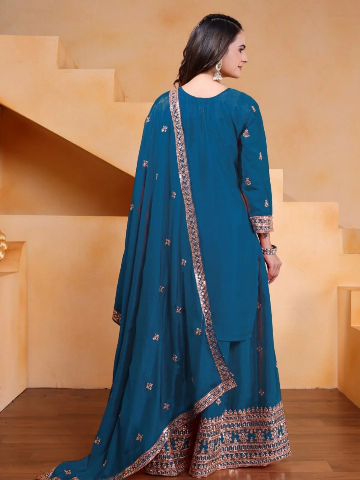 Odette Teal Blue Georgette Solid Stitched Kurta Set For Women - Image 4