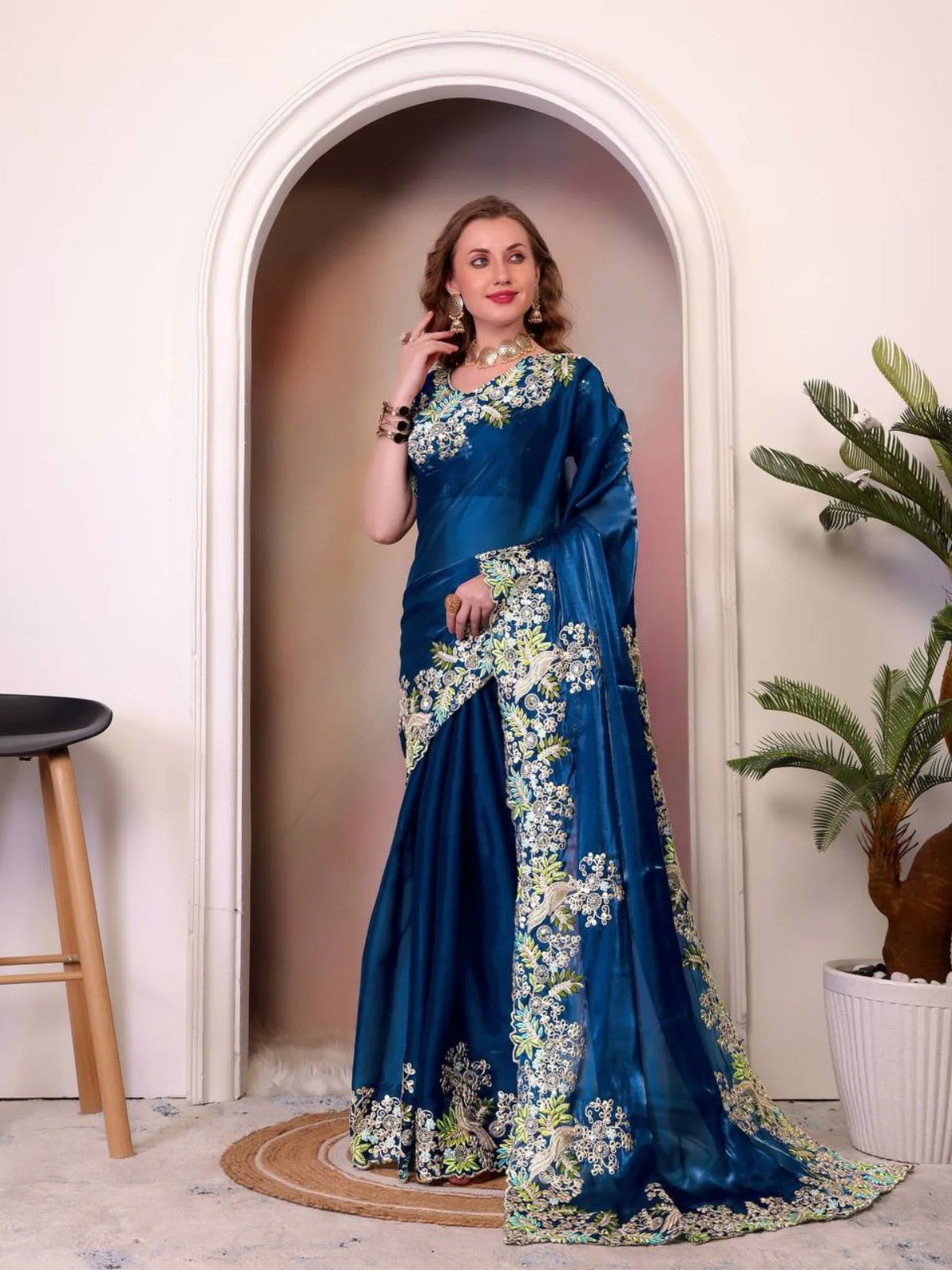 Odette Teal Blue Jimmy Choo Embellished Saree For Women