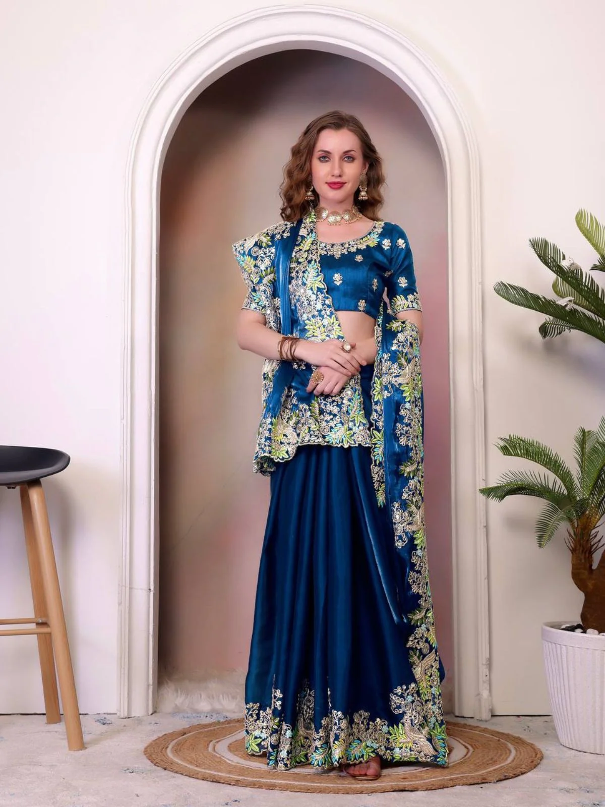 Odette Teal Blue Jimmy Choo Embellished Saree For Women - Image 2