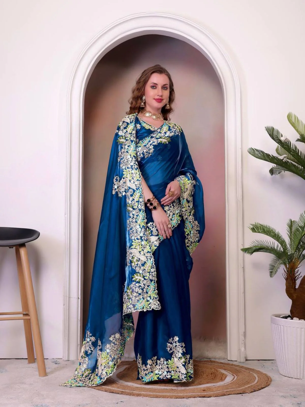 Odette Teal Blue Jimmy Choo Embellished Saree For Women - Image 3