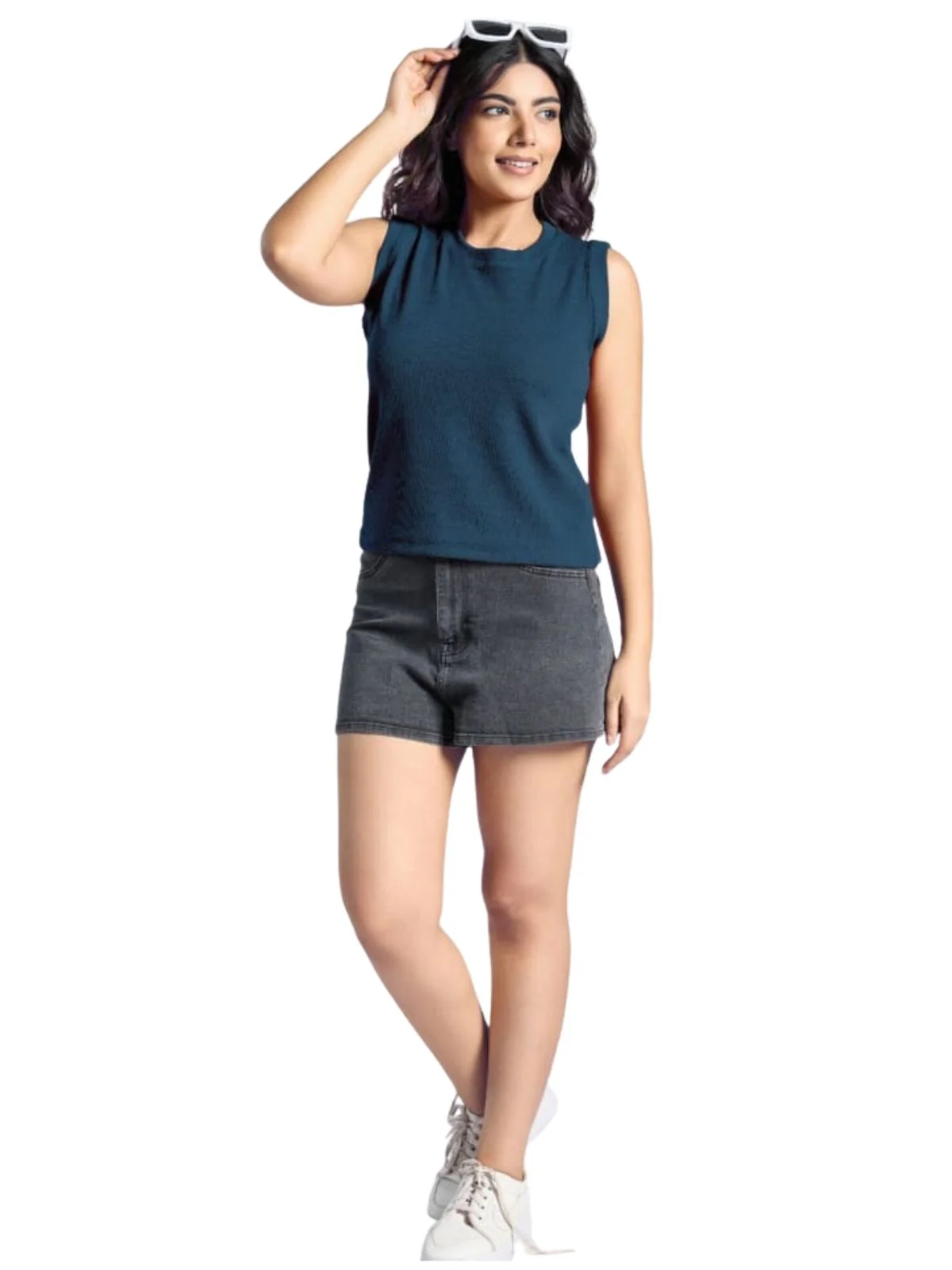 Odette Teal Blue Knited Solid Top For Women