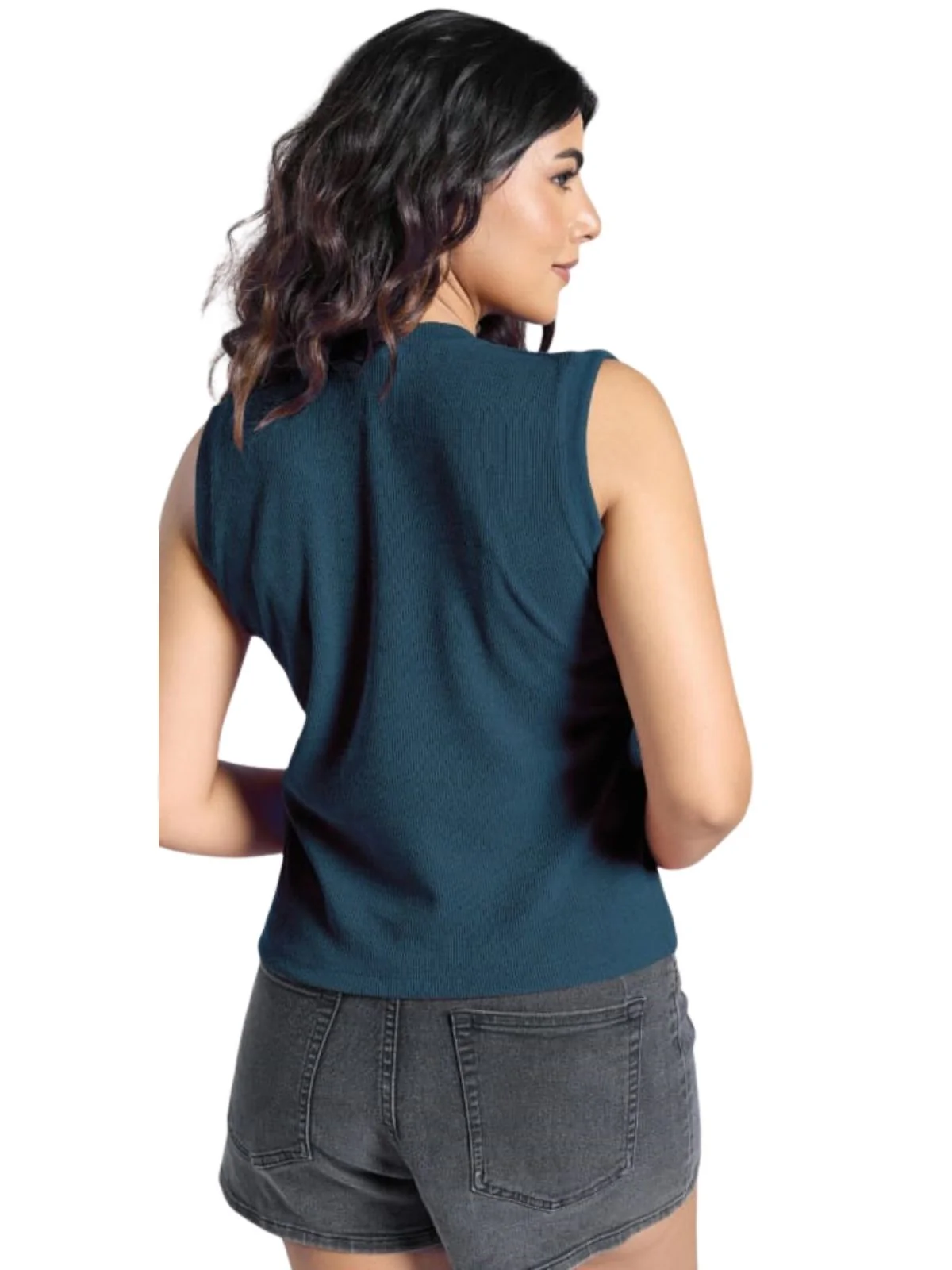 Odette Teal Blue Knited Solid Top For Women - Image 3