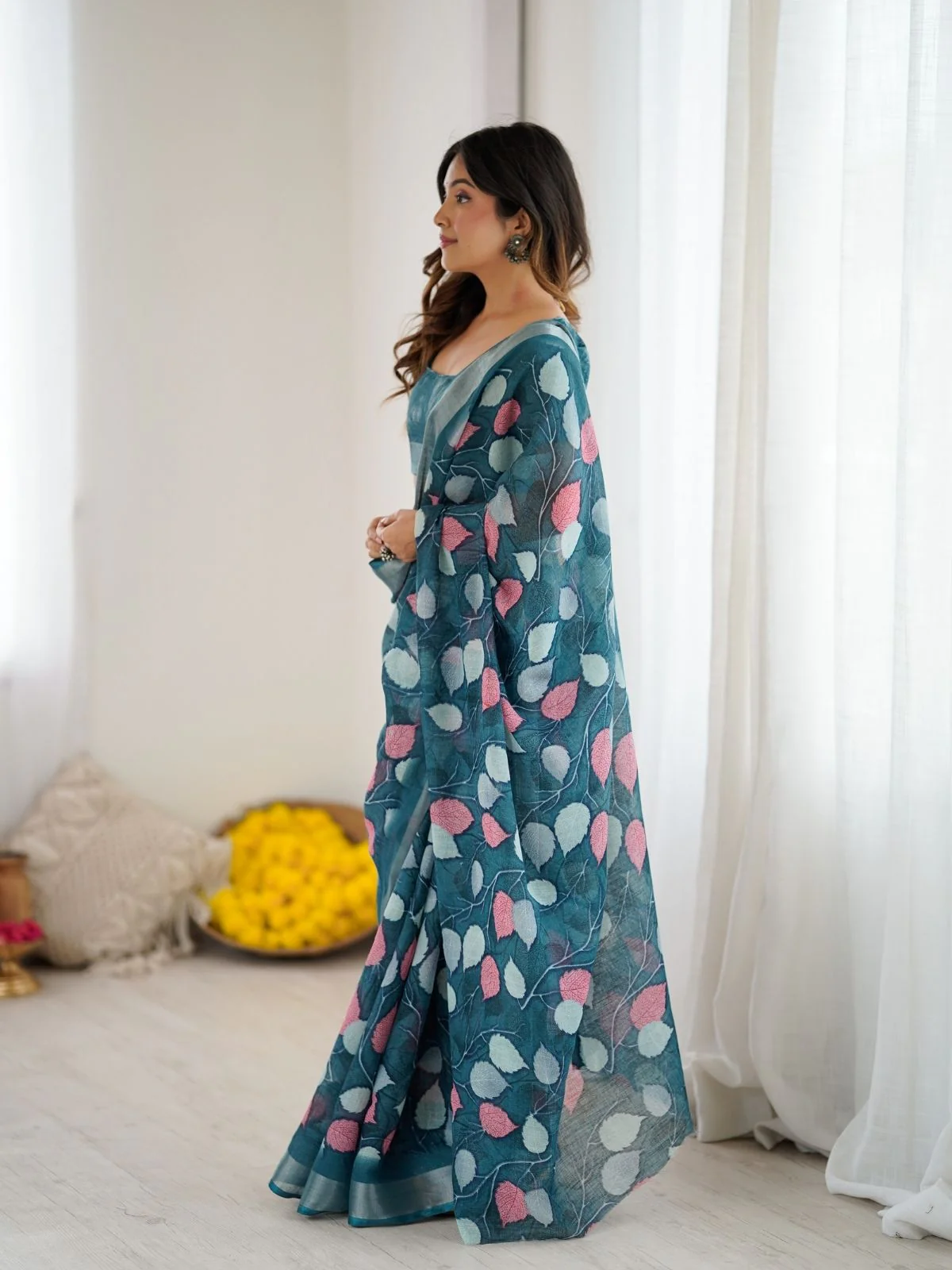 Odette Teal Blue Linen Cotton Printed Saree For Women - Image 2