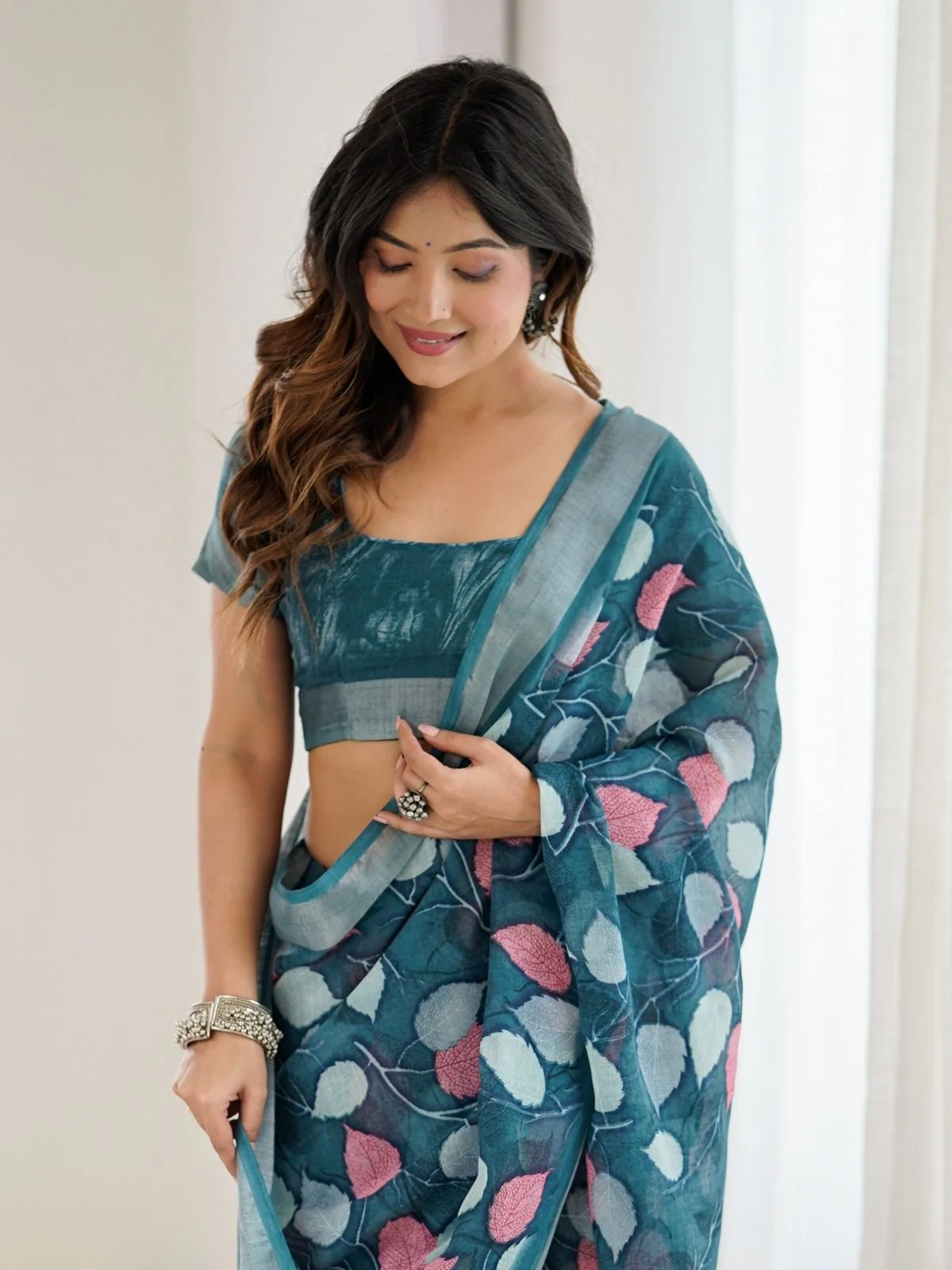 Odette Teal Blue Linen Cotton Printed Saree For Women - Image 4