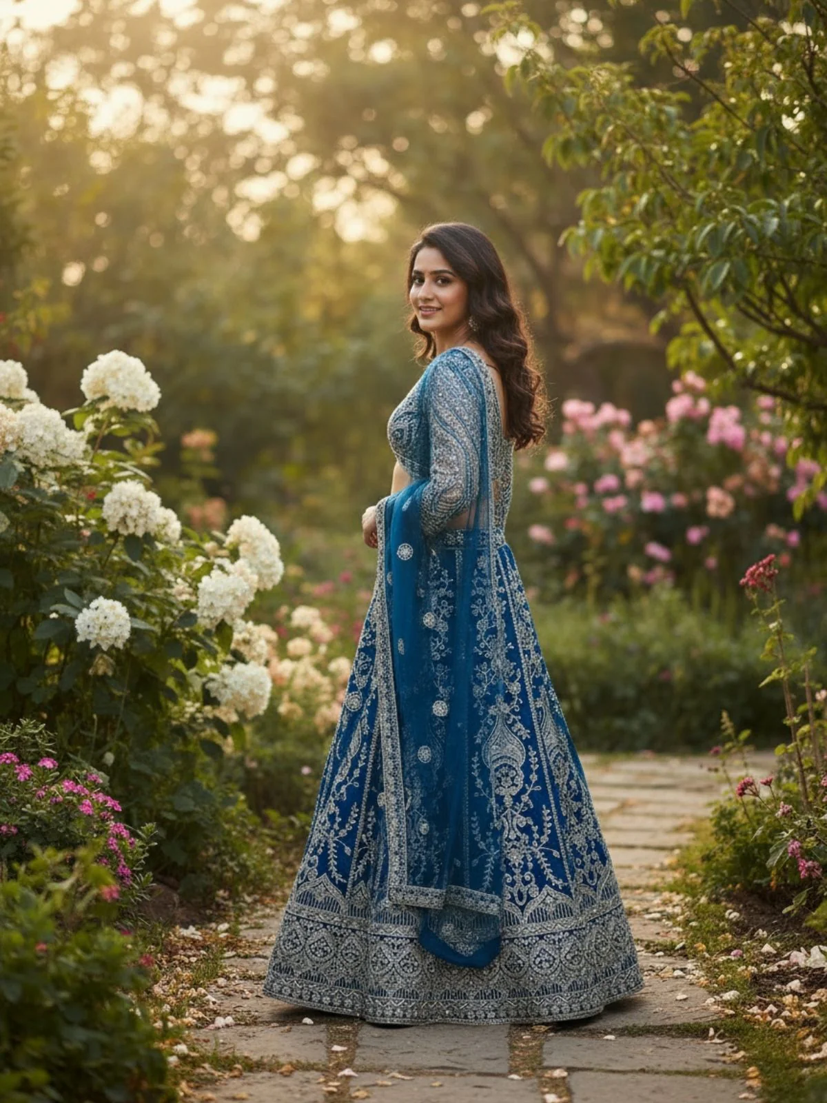 Odette Teal Blue Net Embellished Semi Stitched Lehenga For Women - Image 2