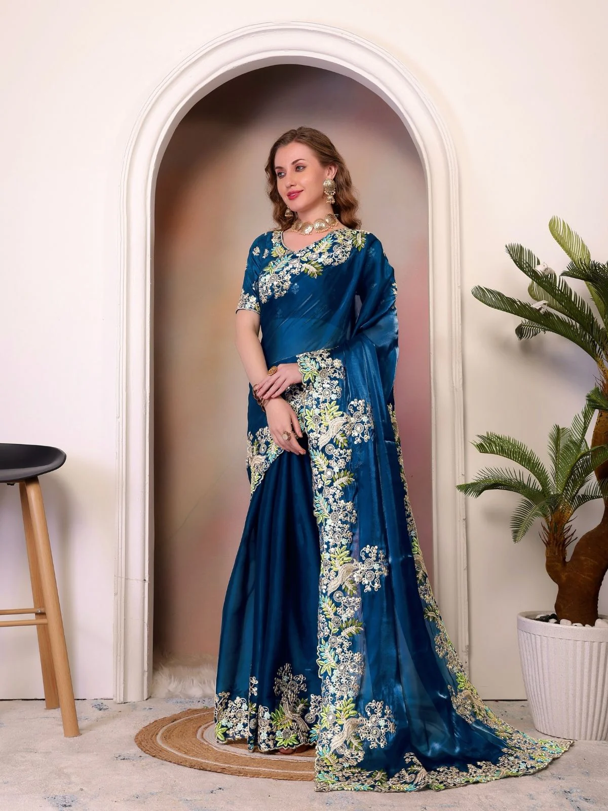Odette Teal Blue Organza Embroidered Solid Saree For Women