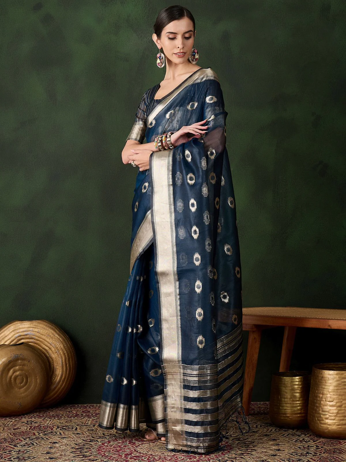 Odette Teal Blue Organza Woven Saree With Unstitched Blouse For Women - Image 2