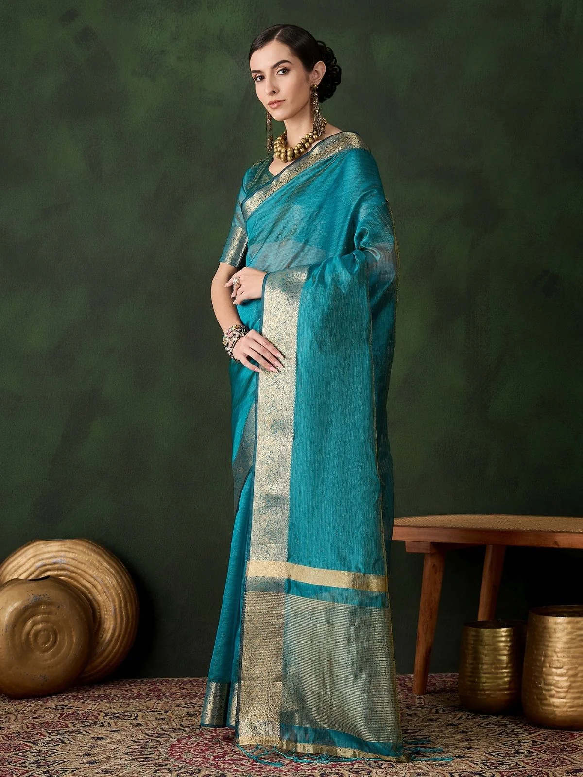 Odette Teal Blue Organza Woven Saree With Unstitched Blouse For Women - Image 2