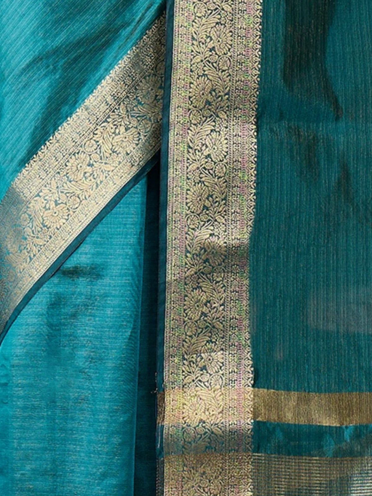 Odette Teal Blue Organza Woven Saree With Unstitched Blouse For Women - Image 6