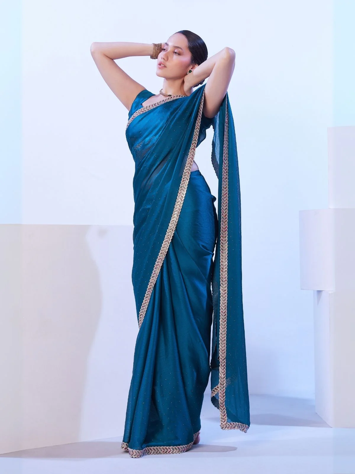 Odette Teal Blue Satin Embellished Lace Work Saree With Unstitched Blouse For Women - Image 2