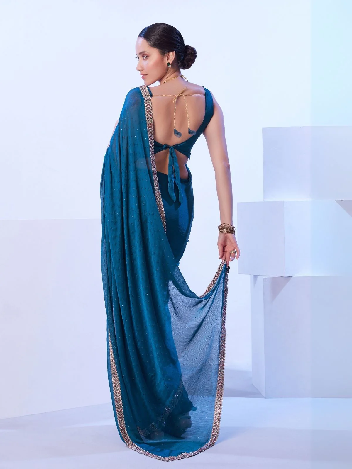 Odette Teal Blue Satin Embellished Lace Work Saree With Unstitched Blouse For Women - Image 5