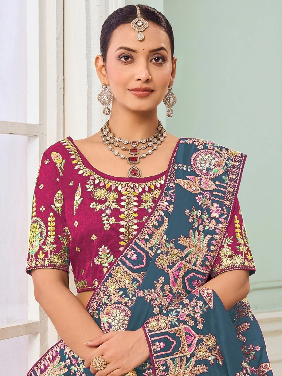 Odette Teal Blue Satin Embroidered Saree For Women - Image 2