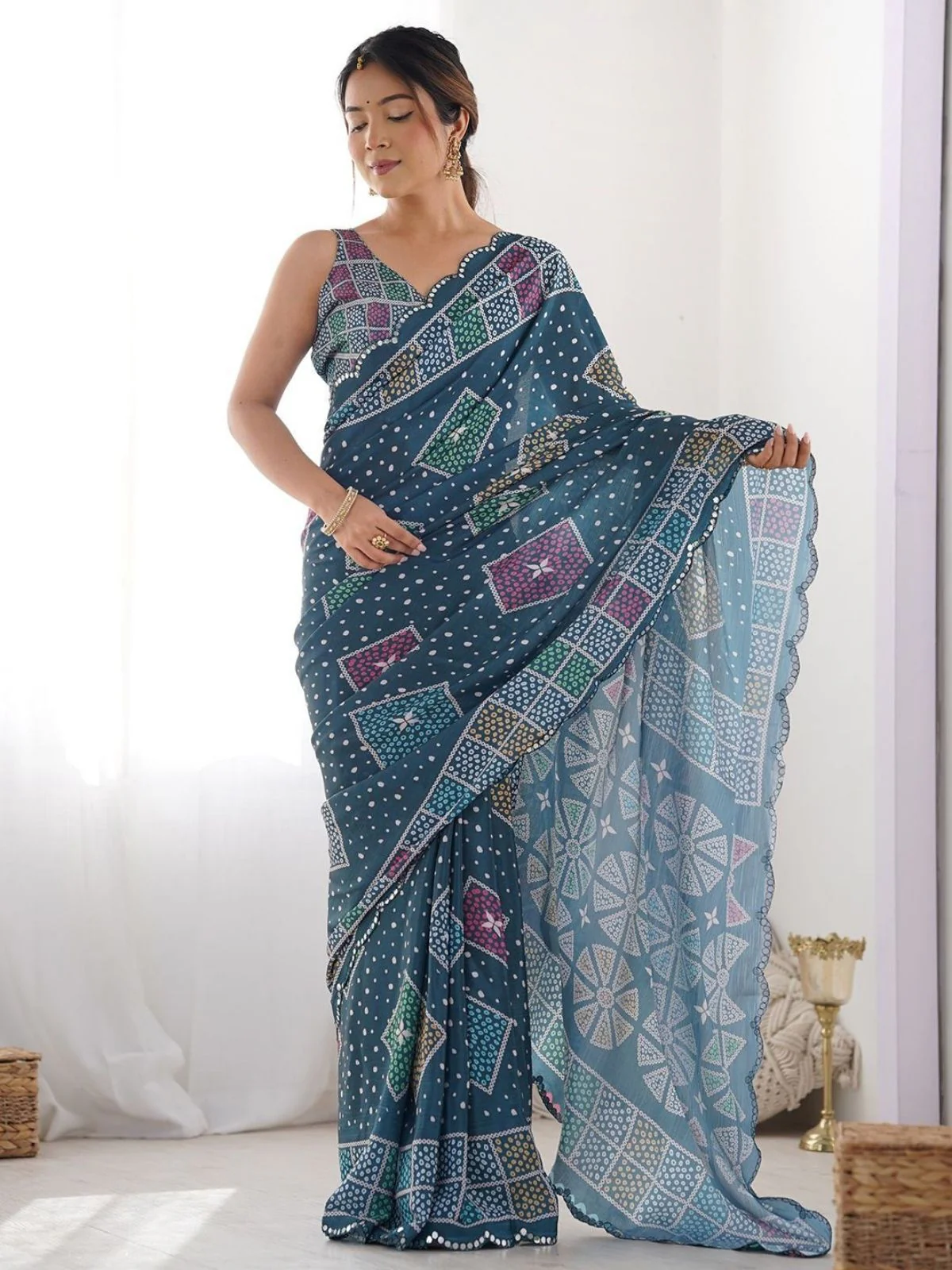 Odette Teal Blue Silk Blend Bandhini Print & Cutwork Saree For Women
