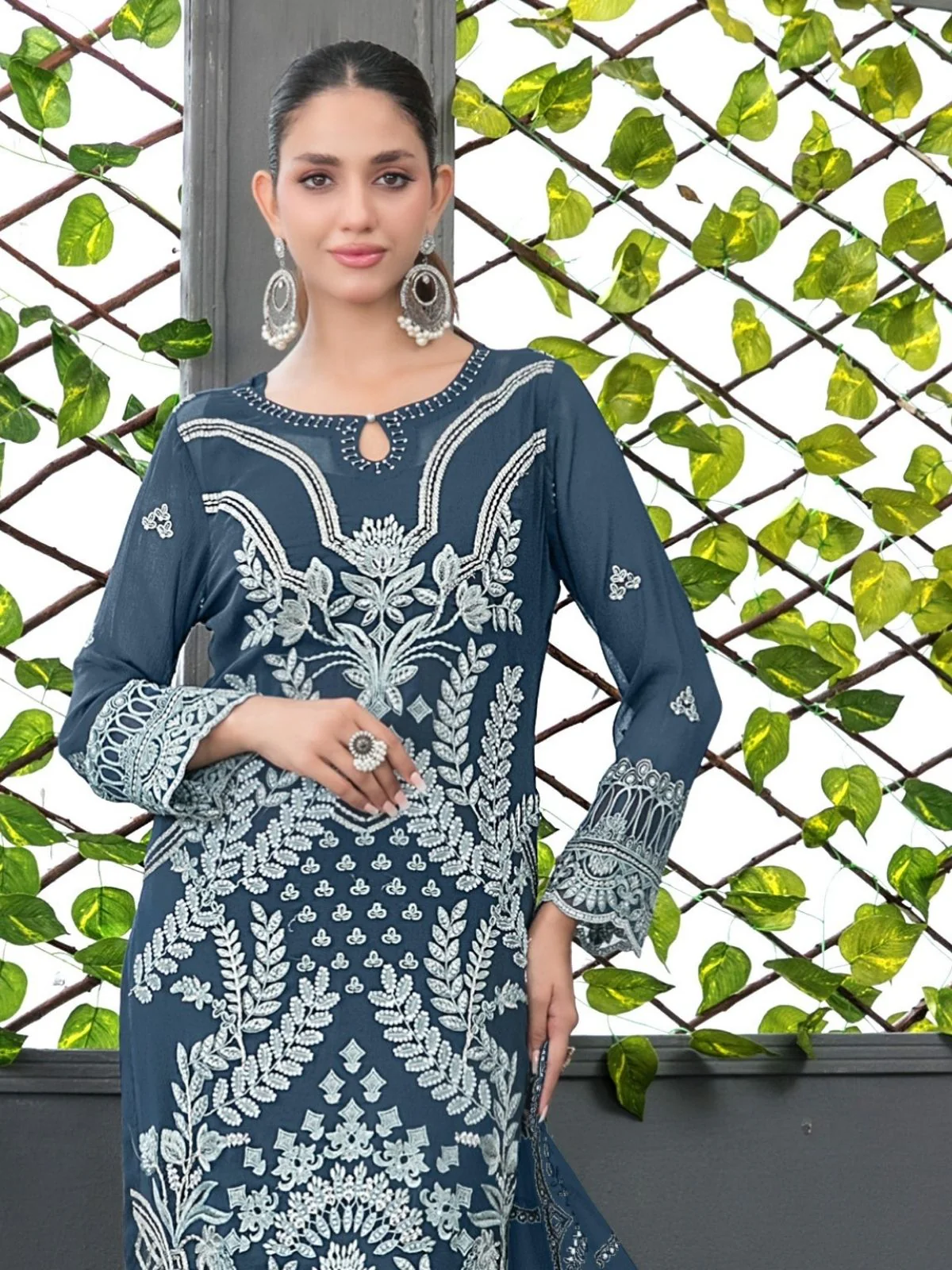 Odette Teal Blue Silk Blend Embroidered Semi-Sitched Kurta Set For Women - Image 2