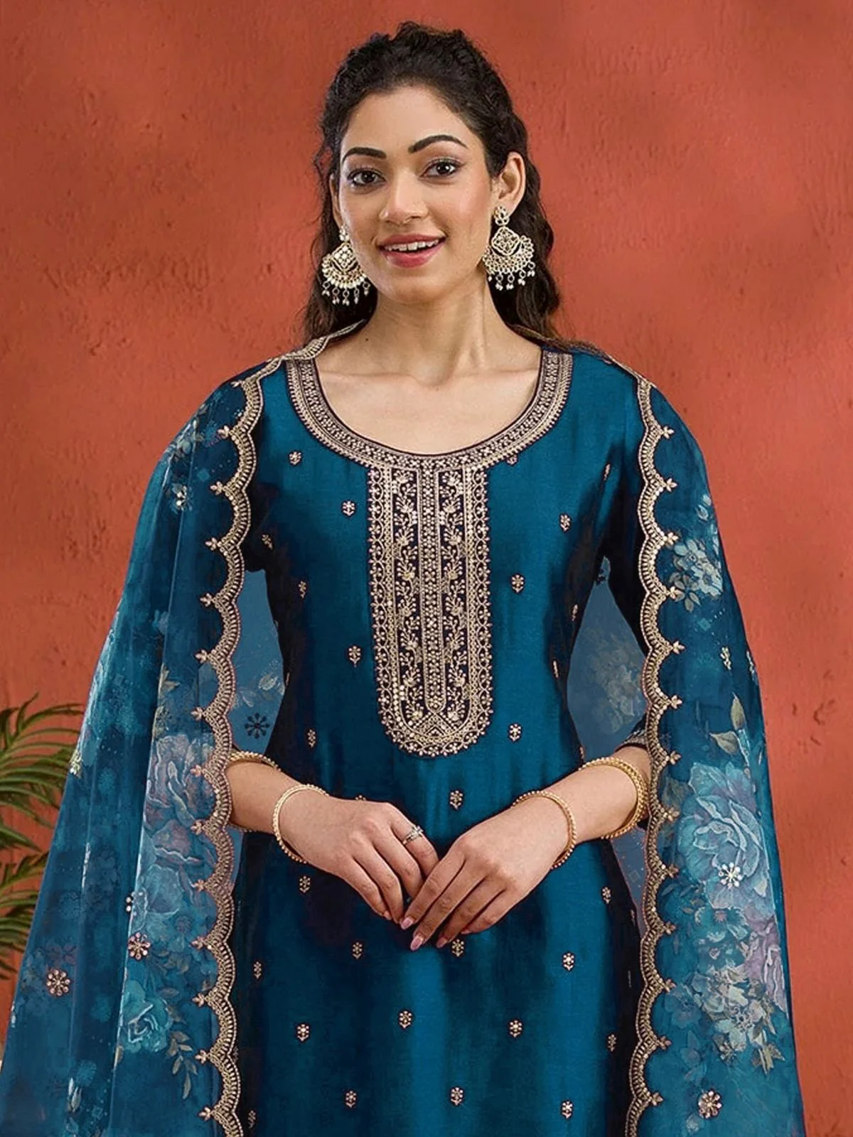 Odette Teal Blue Silk Blend Embroidered Semi-Sitched Kurta Set For Women - Image 2
