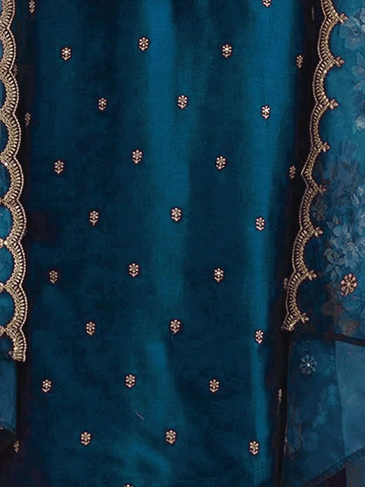 Odette Teal Blue Silk Blend Embroidered Semi-Sitched Kurta Set For Women - Image 3