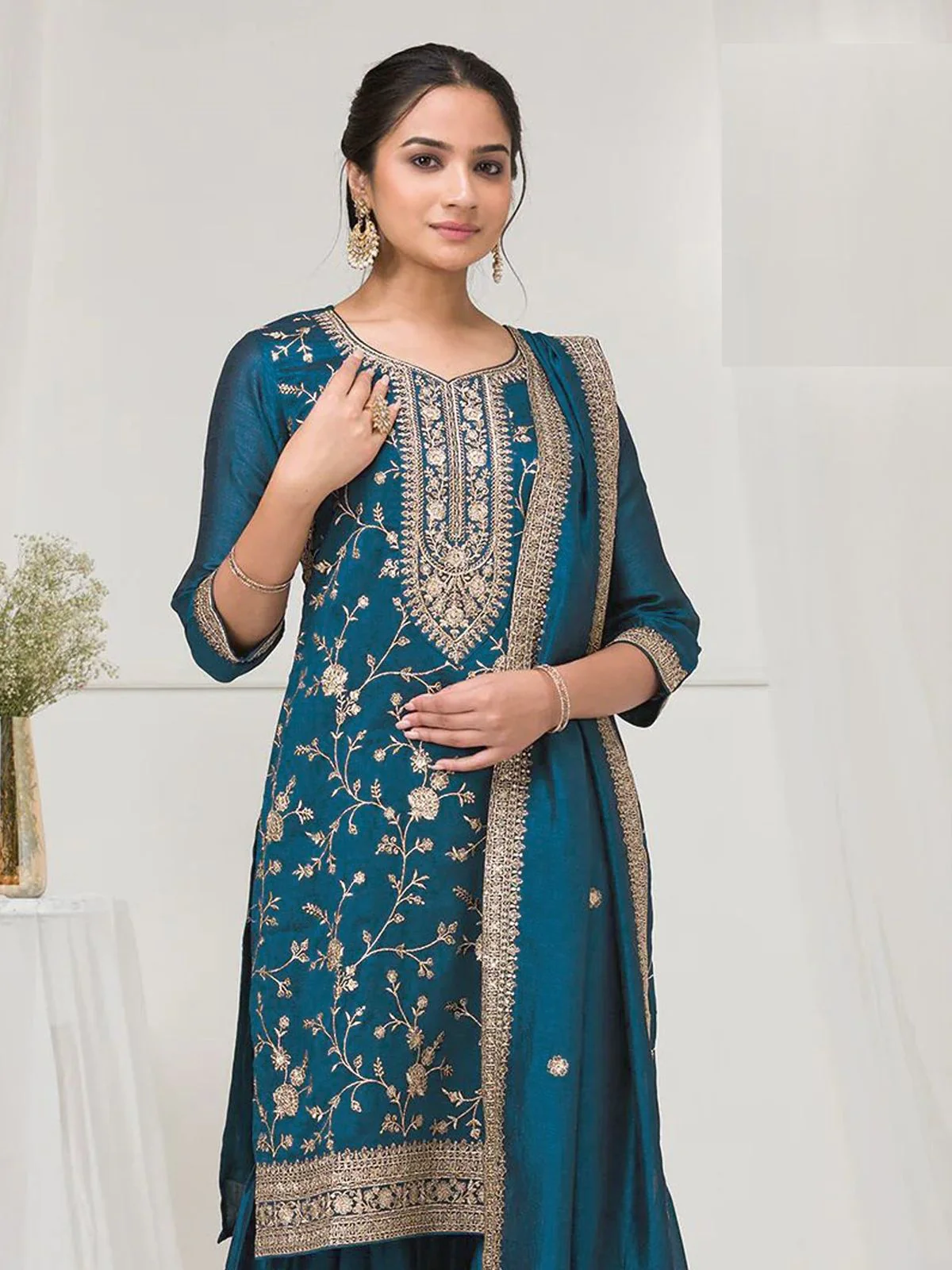 Odette Teal Blue Silk Blend Embroidered Semi-Stitched Kurta Set For Women - Image 2