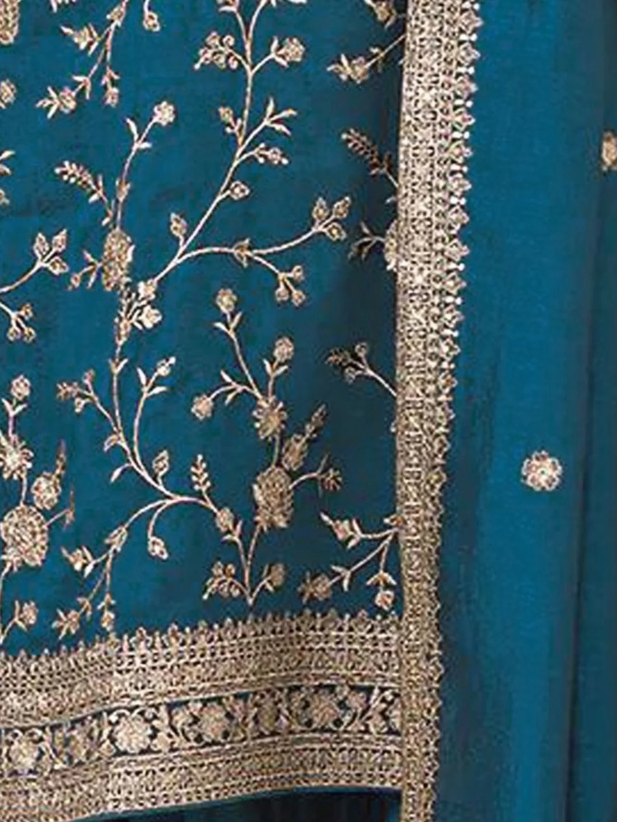Odette Teal Blue Silk Blend Embroidered Semi-Stitched Kurta Set For Women - Image 4
