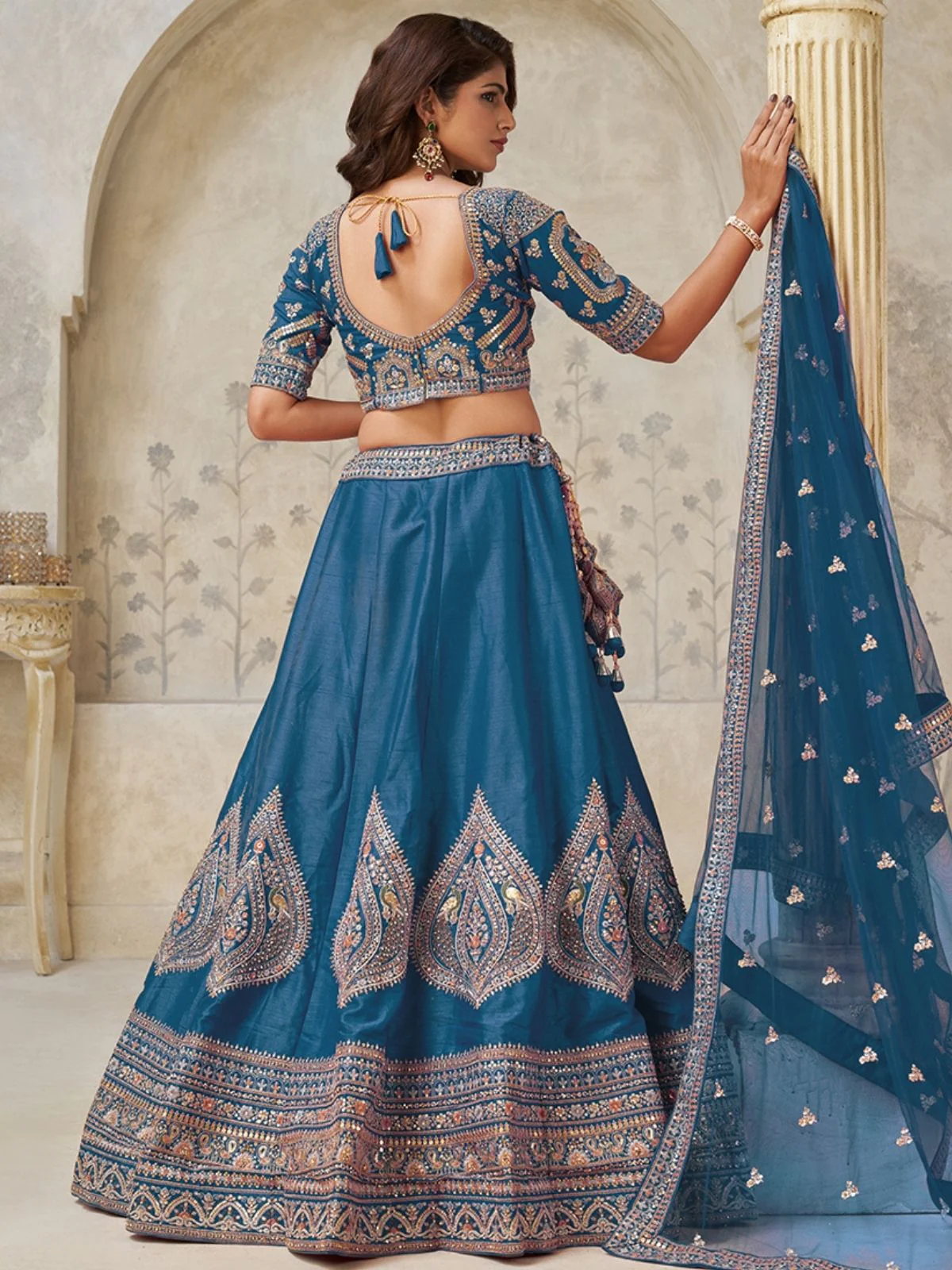 Odette Teal Blue Silk Blend Embroidered Semi-Stitched Lehenga For Women - Image 2