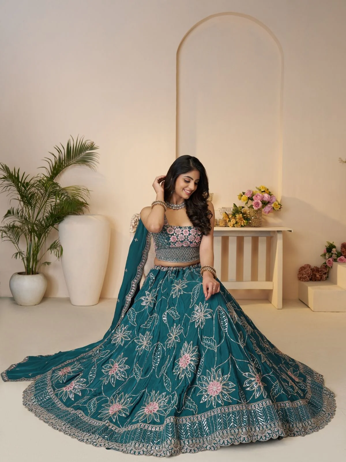 Odette Teal Blue Silk Blend Embroidered Semi-Stitched Lehenga For Women - Image 2