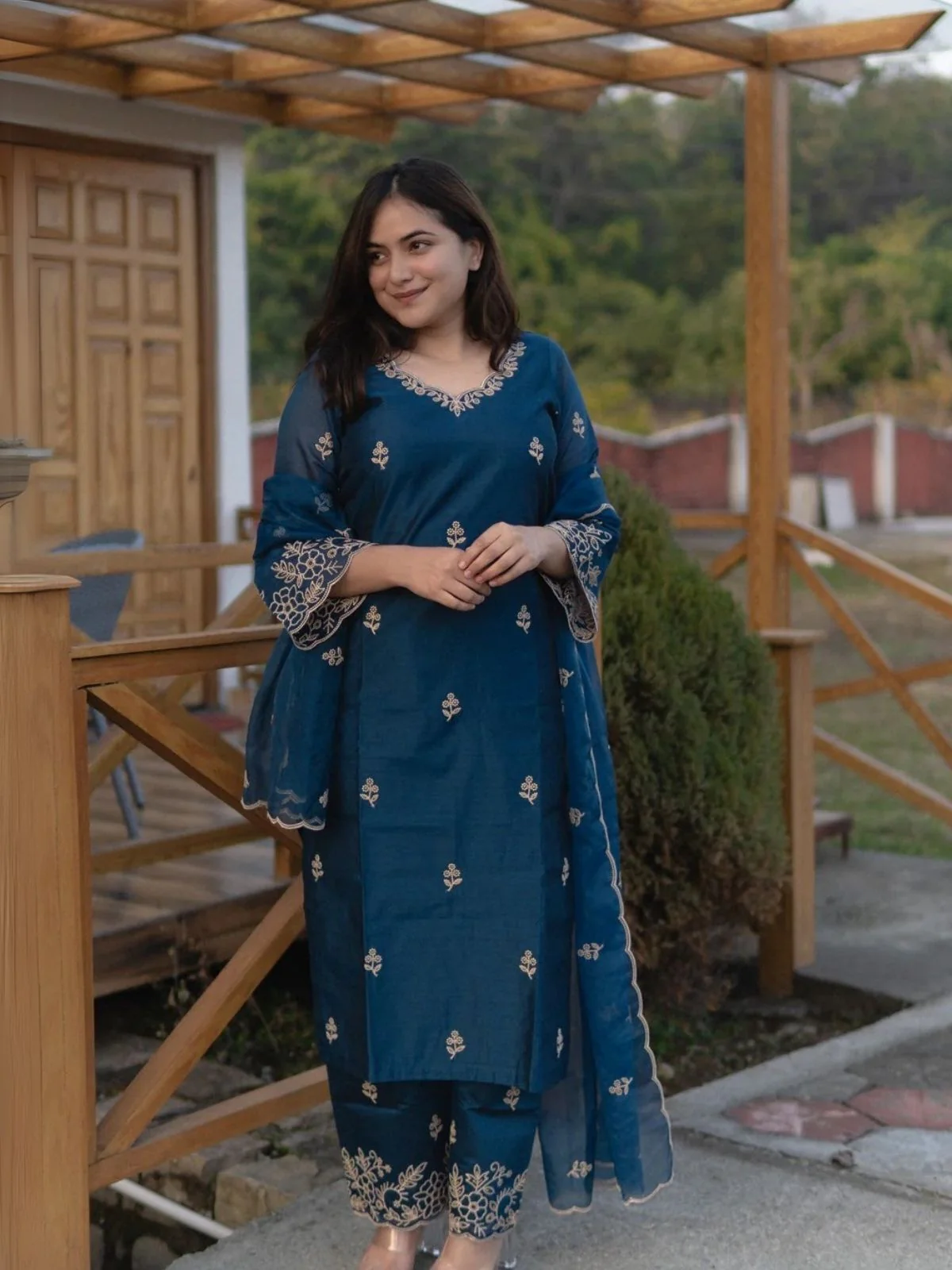 Odette Teal Blue Silk Blend Embroidered Stiched Kurta Set For Women