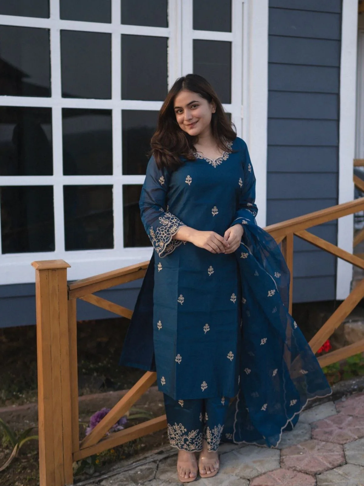 Odette Teal Blue Silk Blend Embroidered Stiched Kurta Set For Women - Image 5