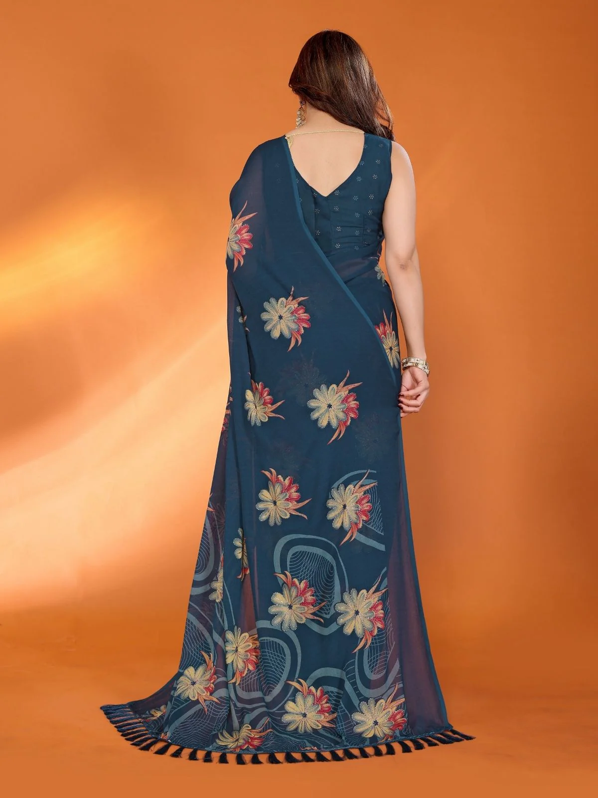 Odette Teal Blue Silk Blend Floral Print Saree For Women - Image 3