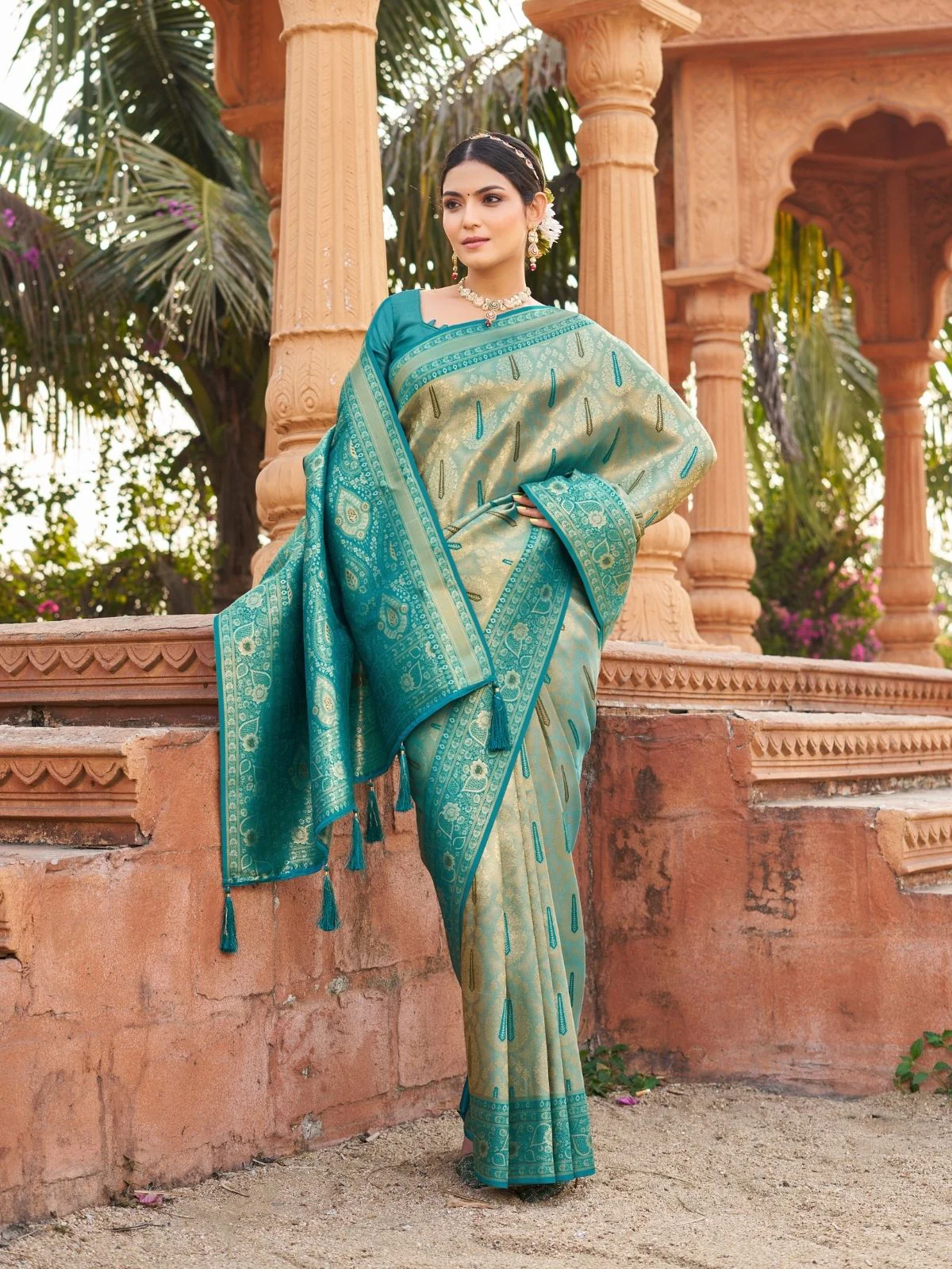 Odette Teal Blue Silk Blend Woven Banarasi Saree For Women - Image 2