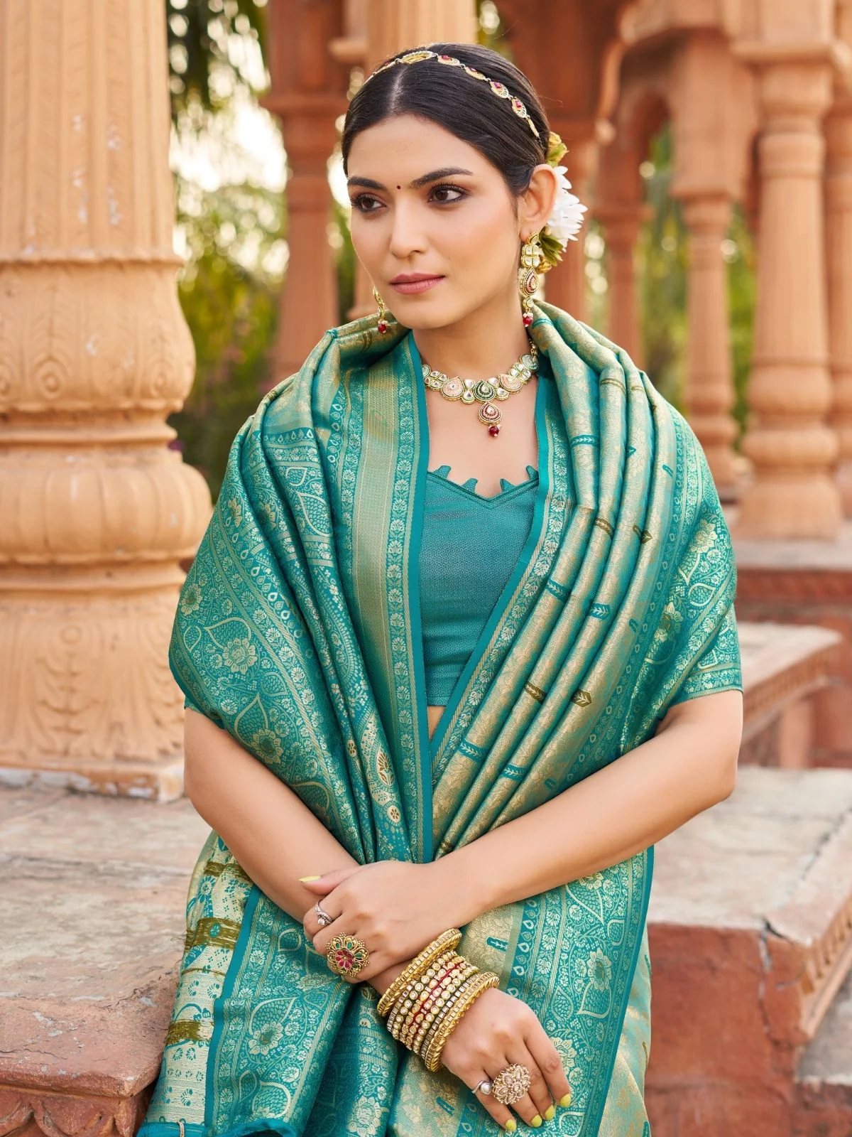 Odette Teal Blue Silk Blend Woven Banarasi Saree For Women - Image 4