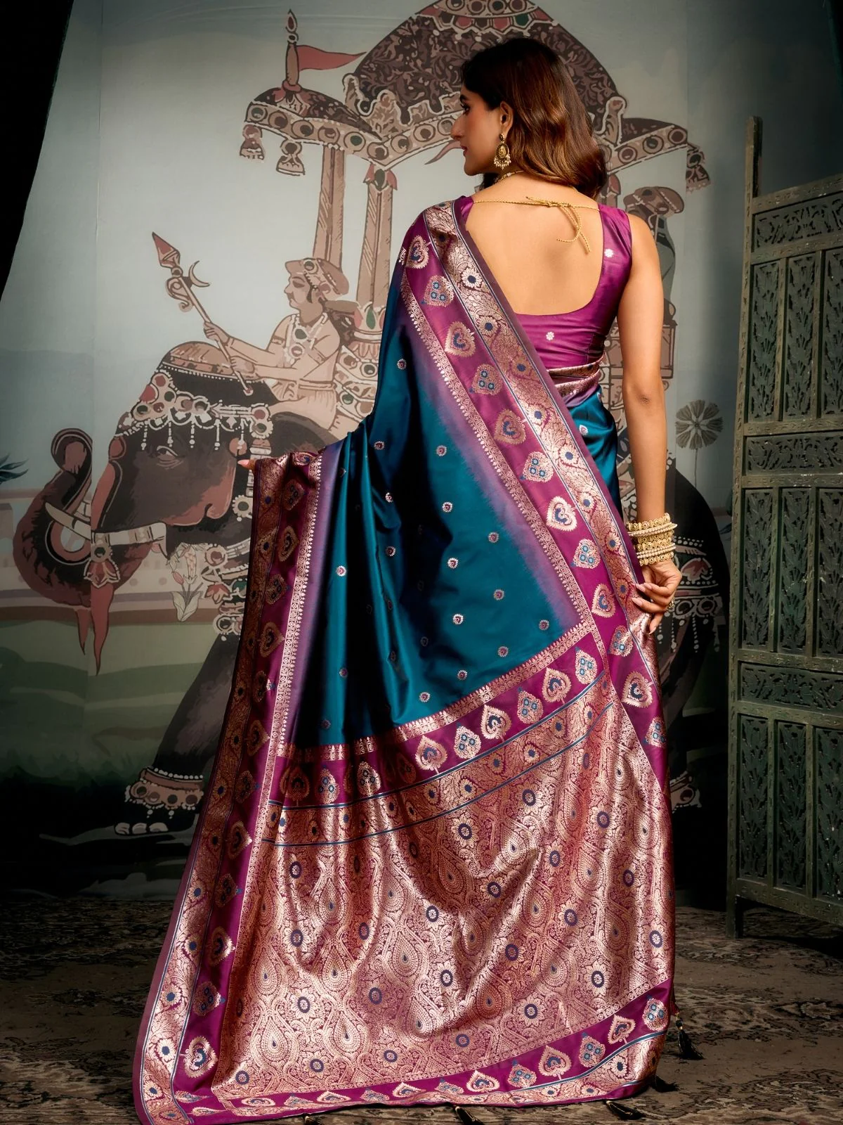 Odette Teal Blue Silk Blend Woven Saree For Women - Image 4