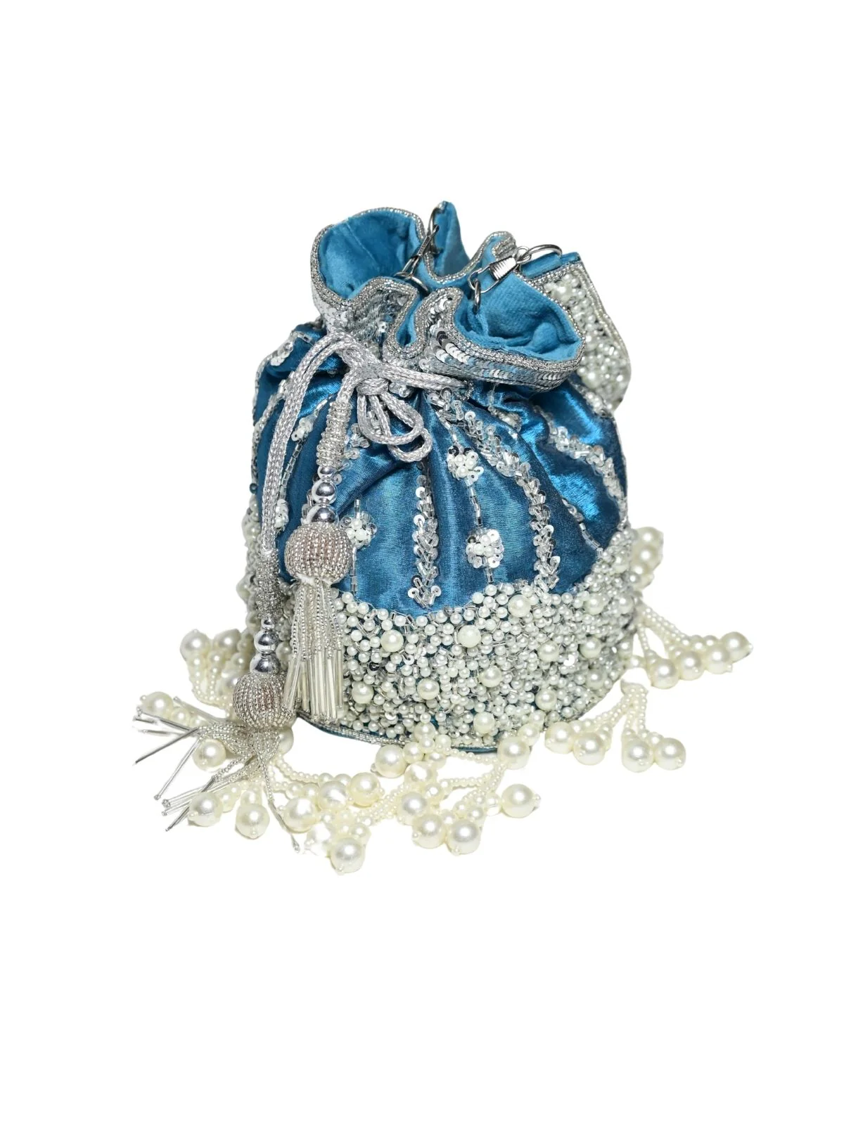 Odette Teal Blue Suede Embellished Potli For Women - Image 5