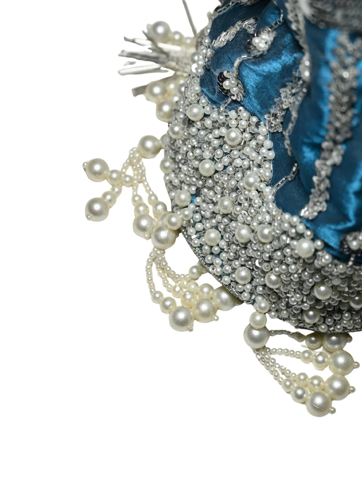 Odette Teal Blue Suede Embellished Potli For Women - Image 7