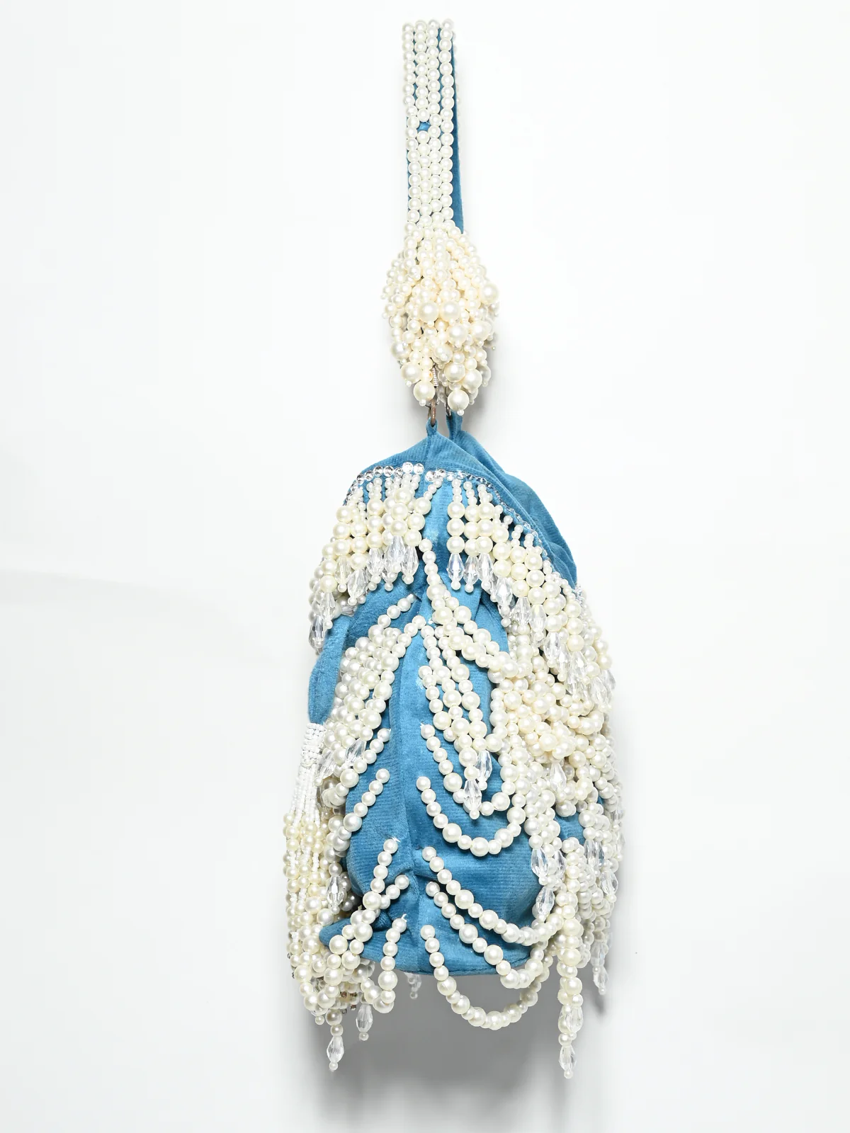 Odette Teal Blue Suede Pearl Embellished Potli For Women - Image 3