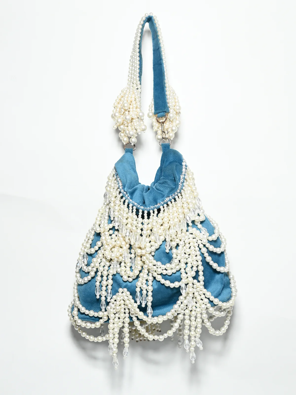Odette Teal Blue Suede Pearl Embellished Potli For Women - Image 4