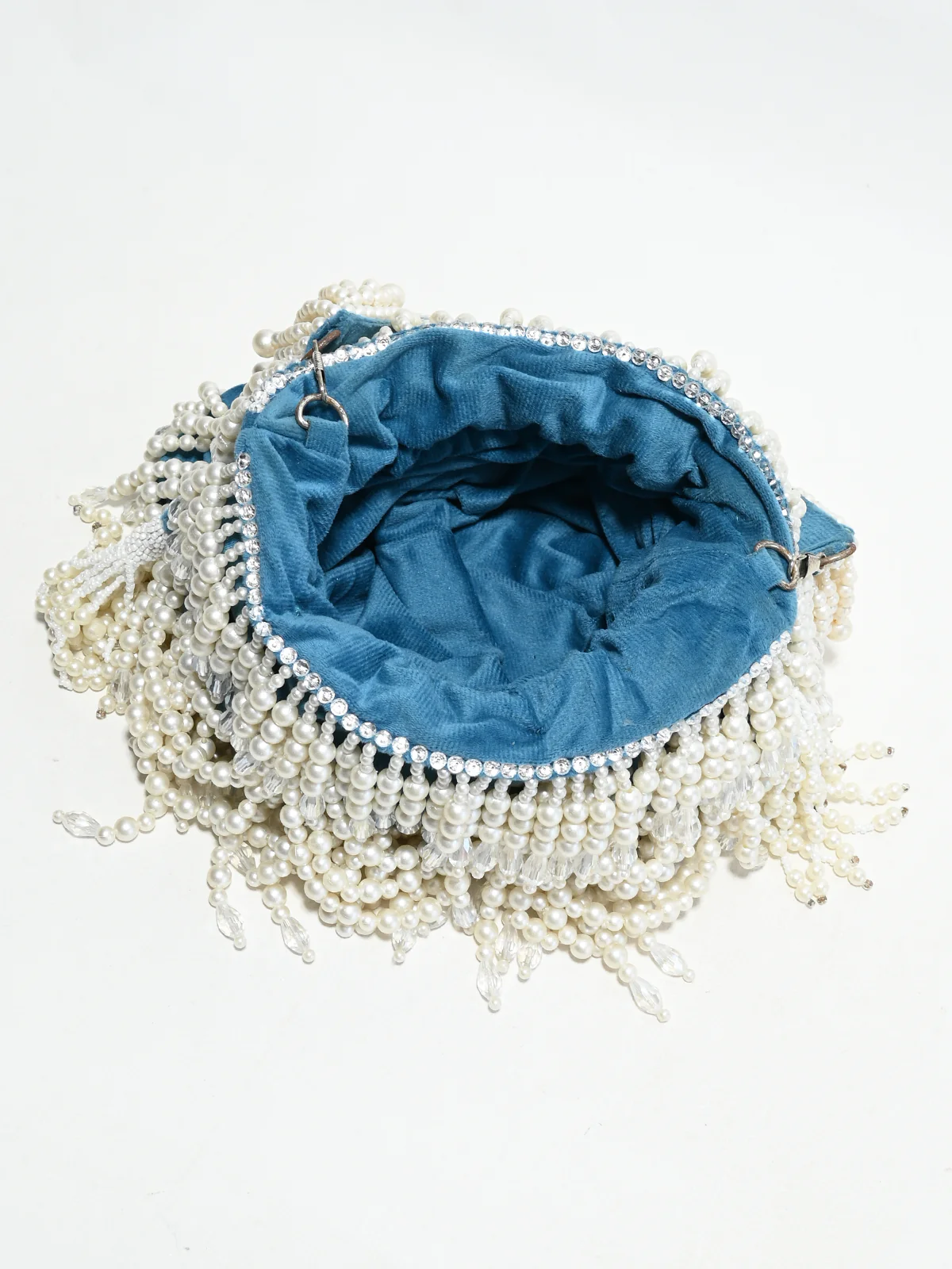 Odette Teal Blue Suede Pearl Embellished Potli For Women - Image 5
