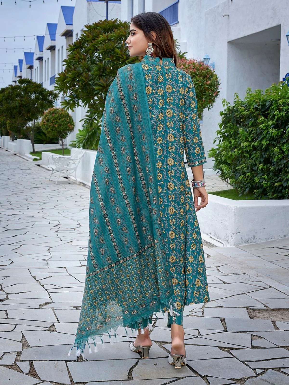 Odette Teal Blue Viscose Printed Stiched Kurta Set For Women - Image 3