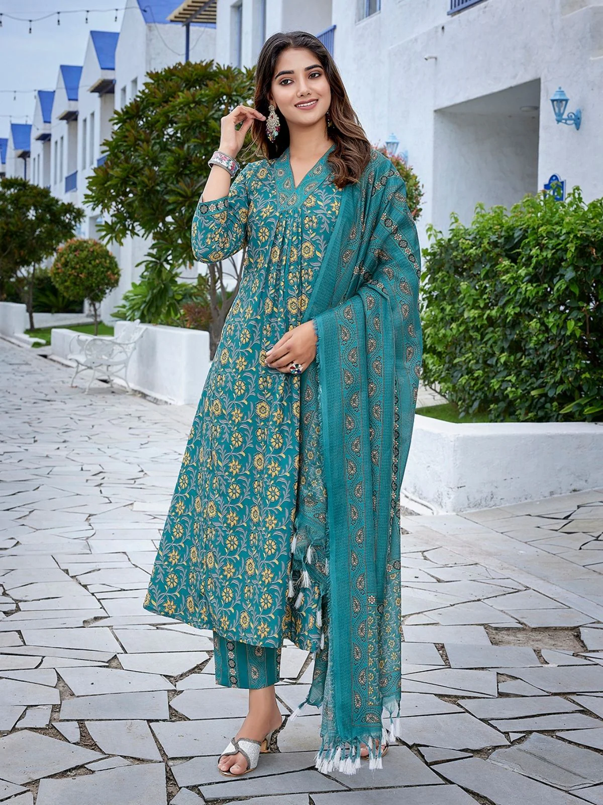 Odette Teal Blue Viscose Printed Stiched Kurta Set For Women - Image 6