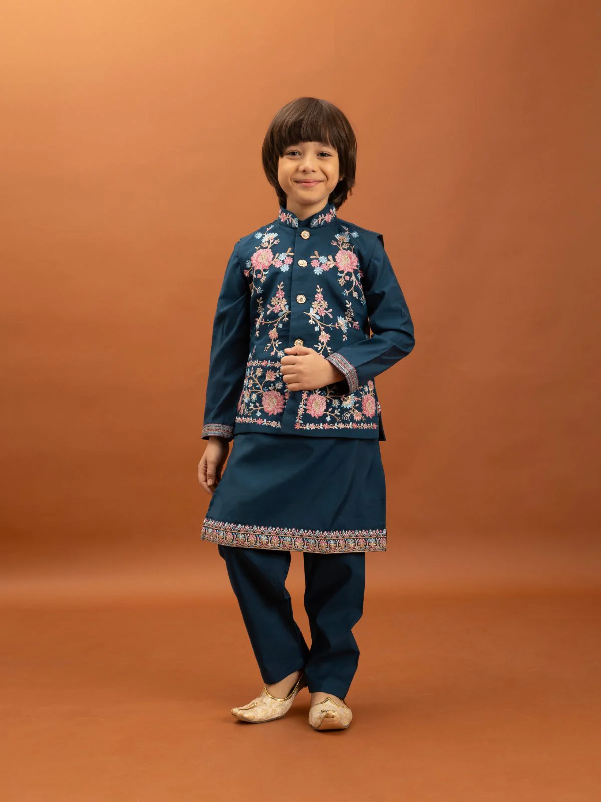 Odette Teal Blue Viscose Silk Embroidered Stitched Kurta Set For Kids - Image 3