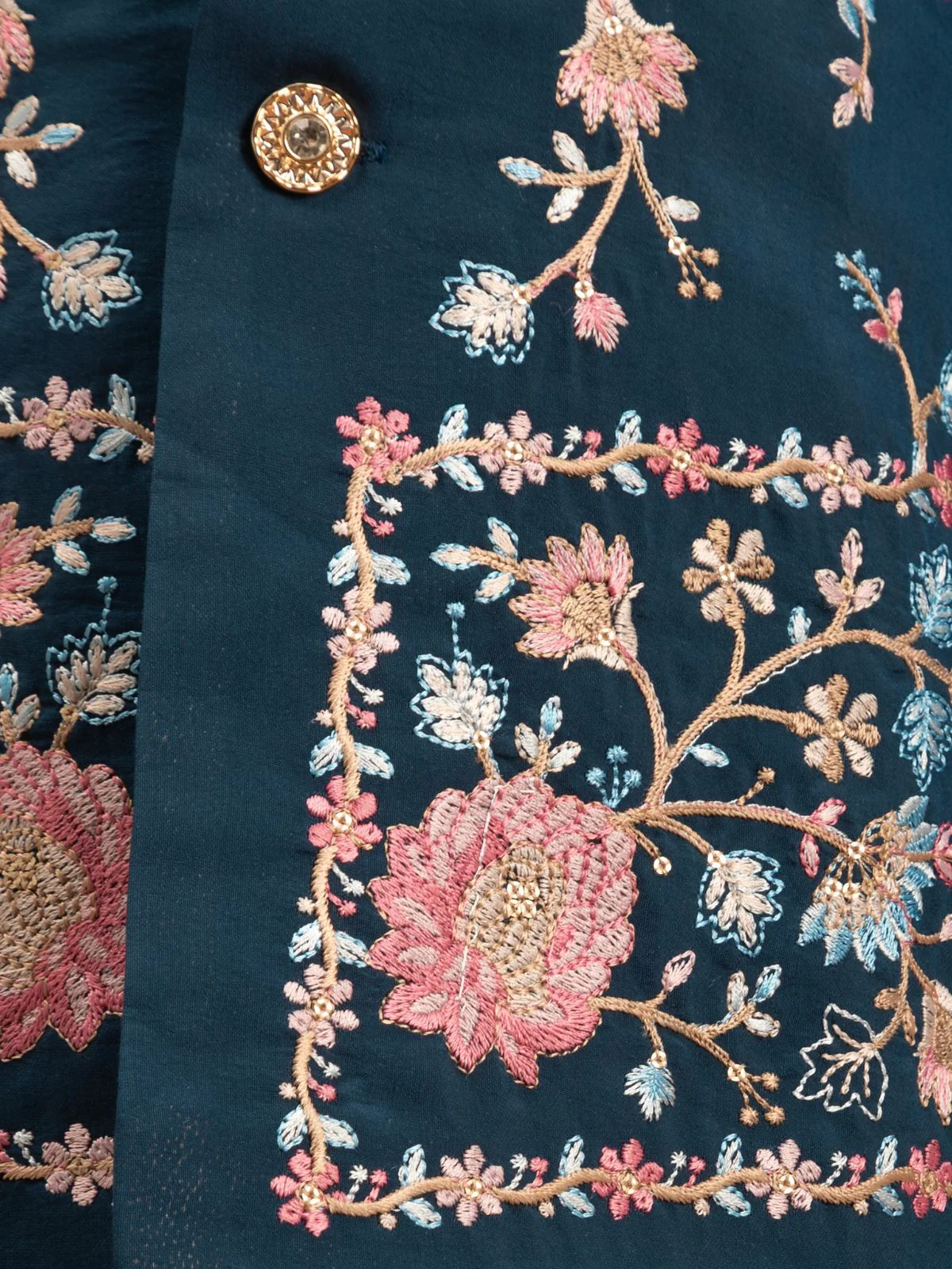 Odette Teal Blue Viscose Silk Embroidered Stitched Kurta Set For Kids - Image 6