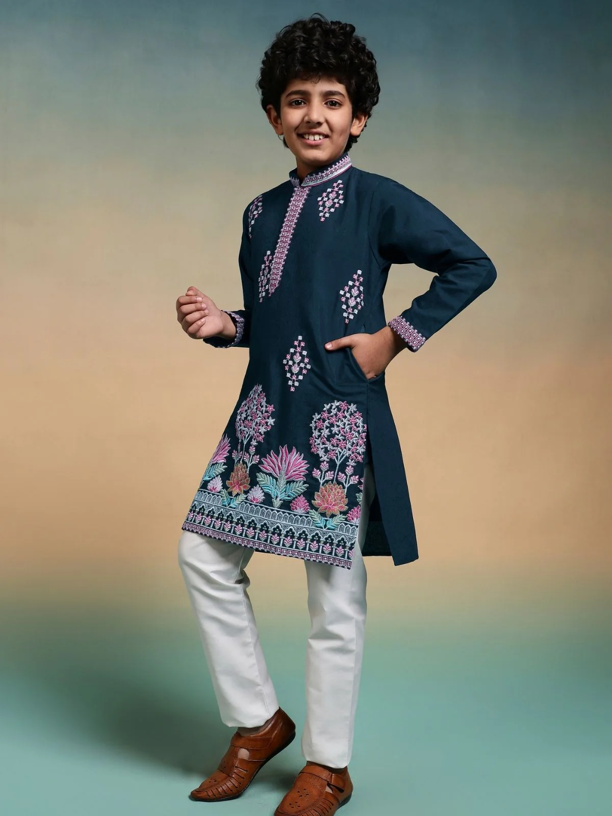 Odette Teal blue Viscose Silk Embroidered Stitched Kurta Set For Kids - Image 2