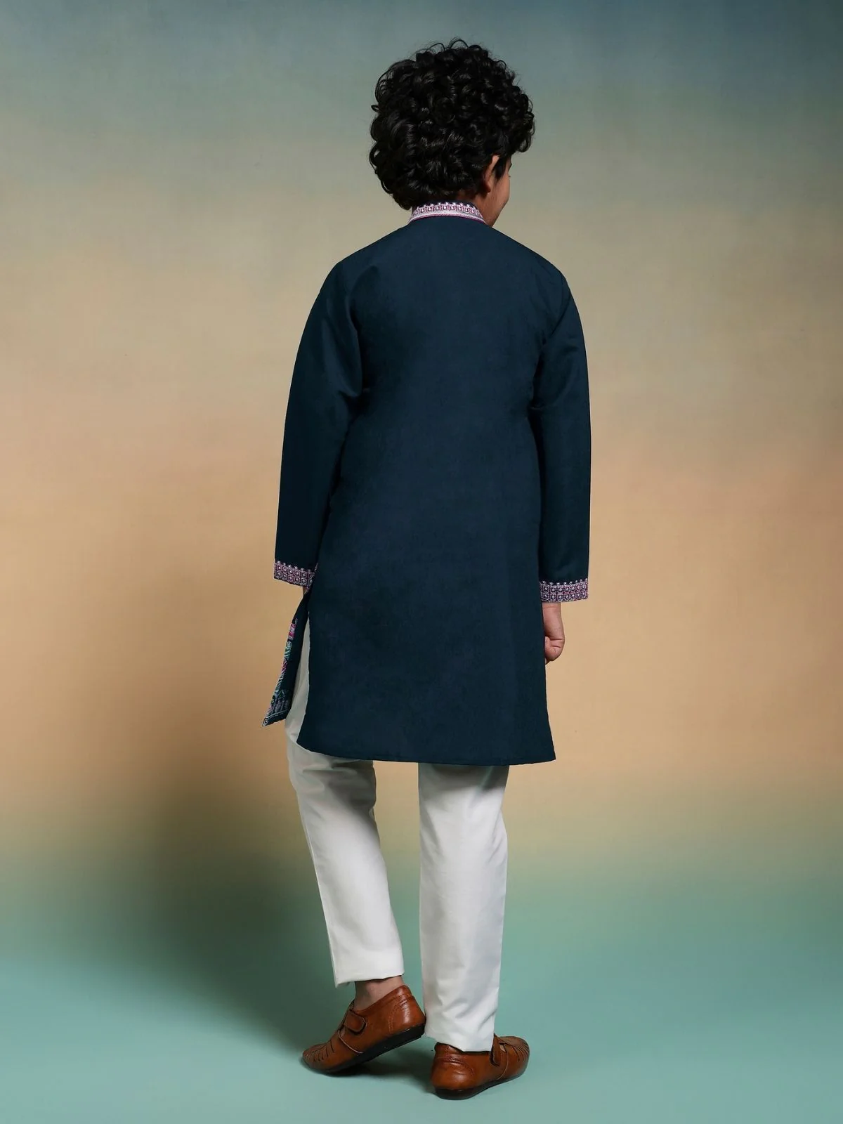 Odette Teal blue Viscose Silk Embroidered Stitched Kurta Set For Kids - Image 4