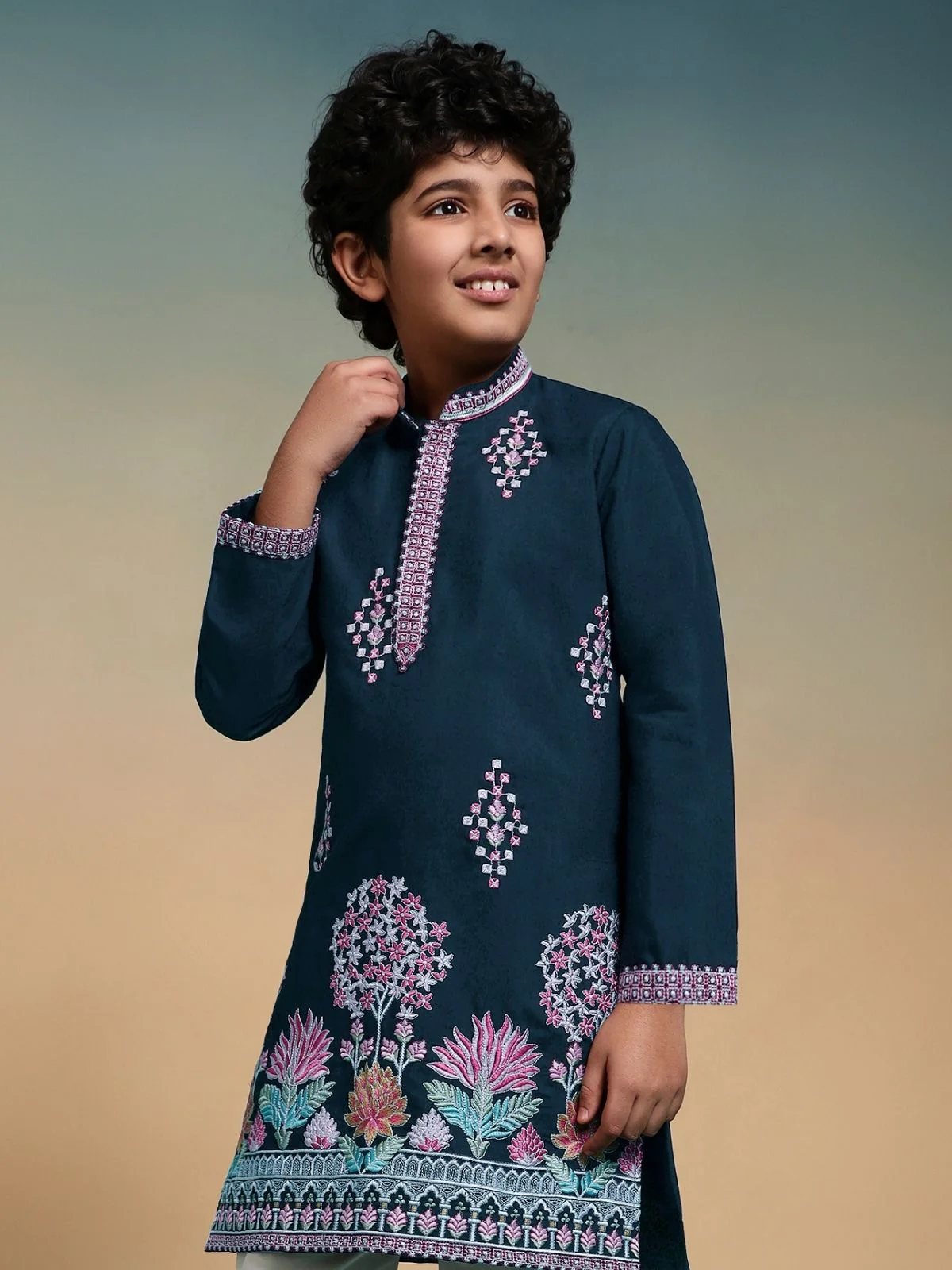 Odette Teal blue Viscose Silk Embroidered Stitched Kurta Set For Kids - Image 5