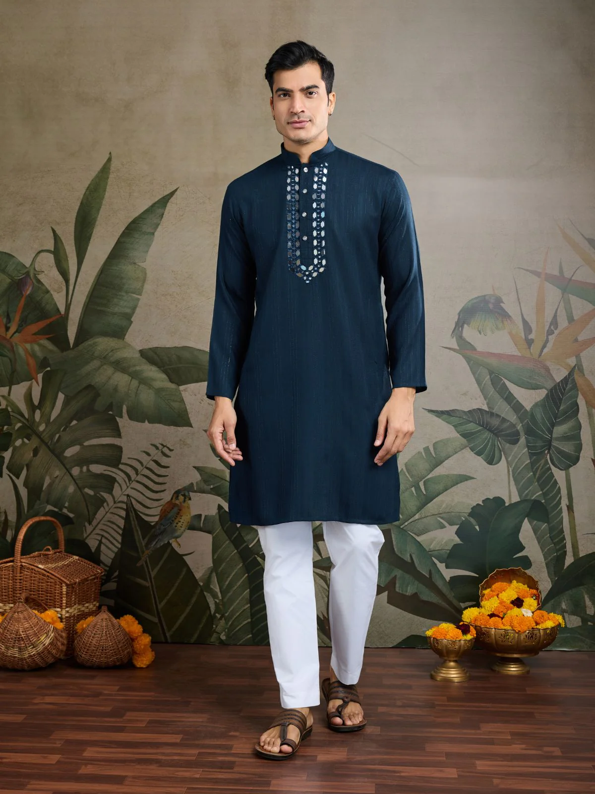 Odette Teal Blue Viscose Silk Woven Kurta For Men - Image 3