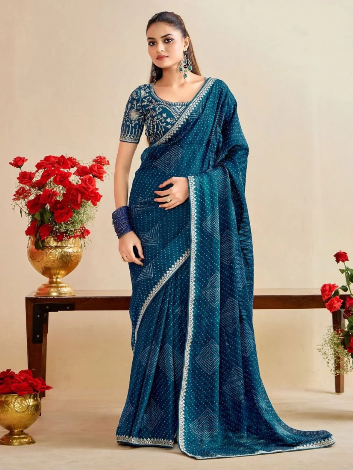 Odette Teal Chiffon Embellished Saree For Women