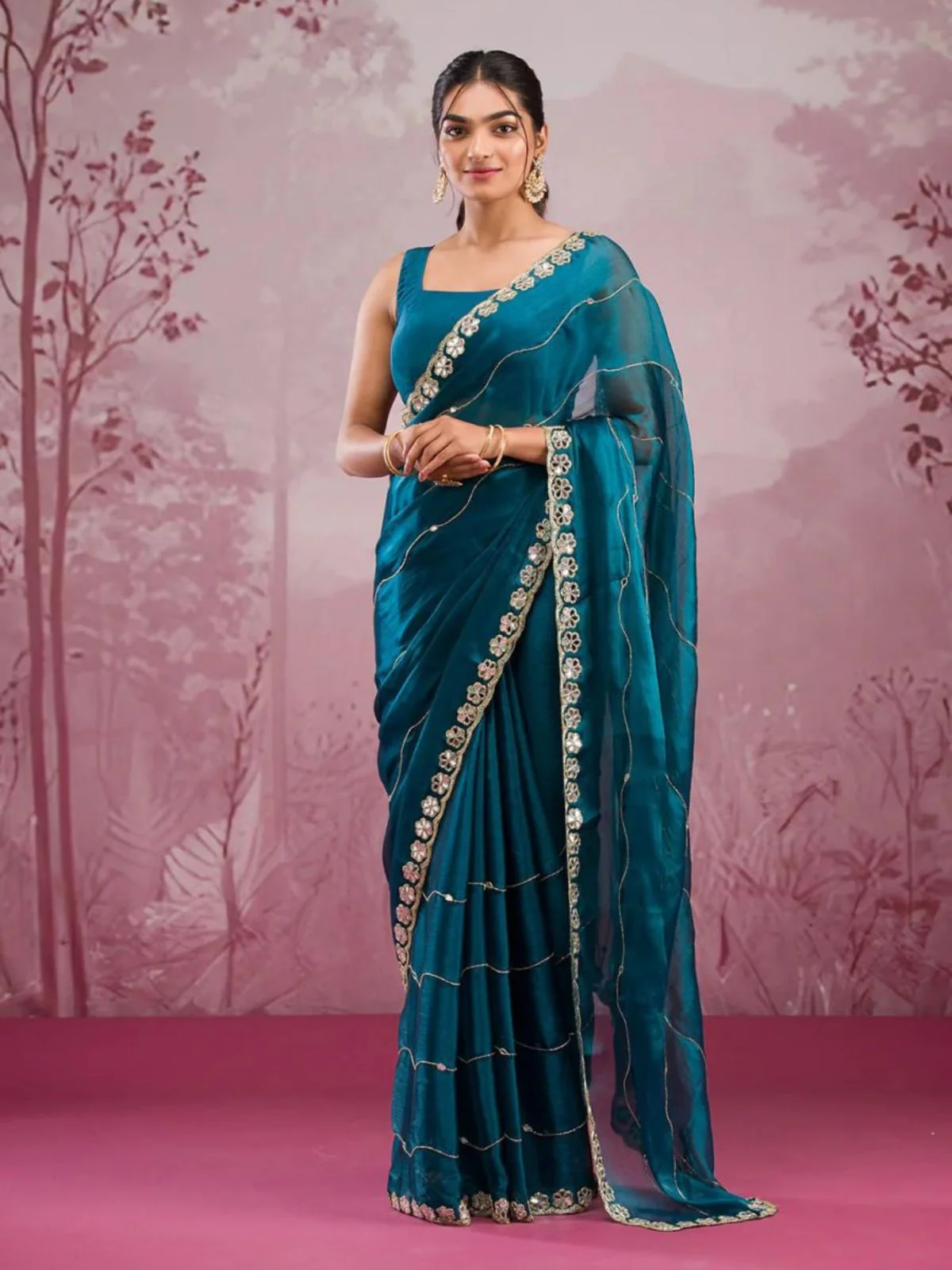 Odette Teal Blue Chiffon Embroidered Saree For Women