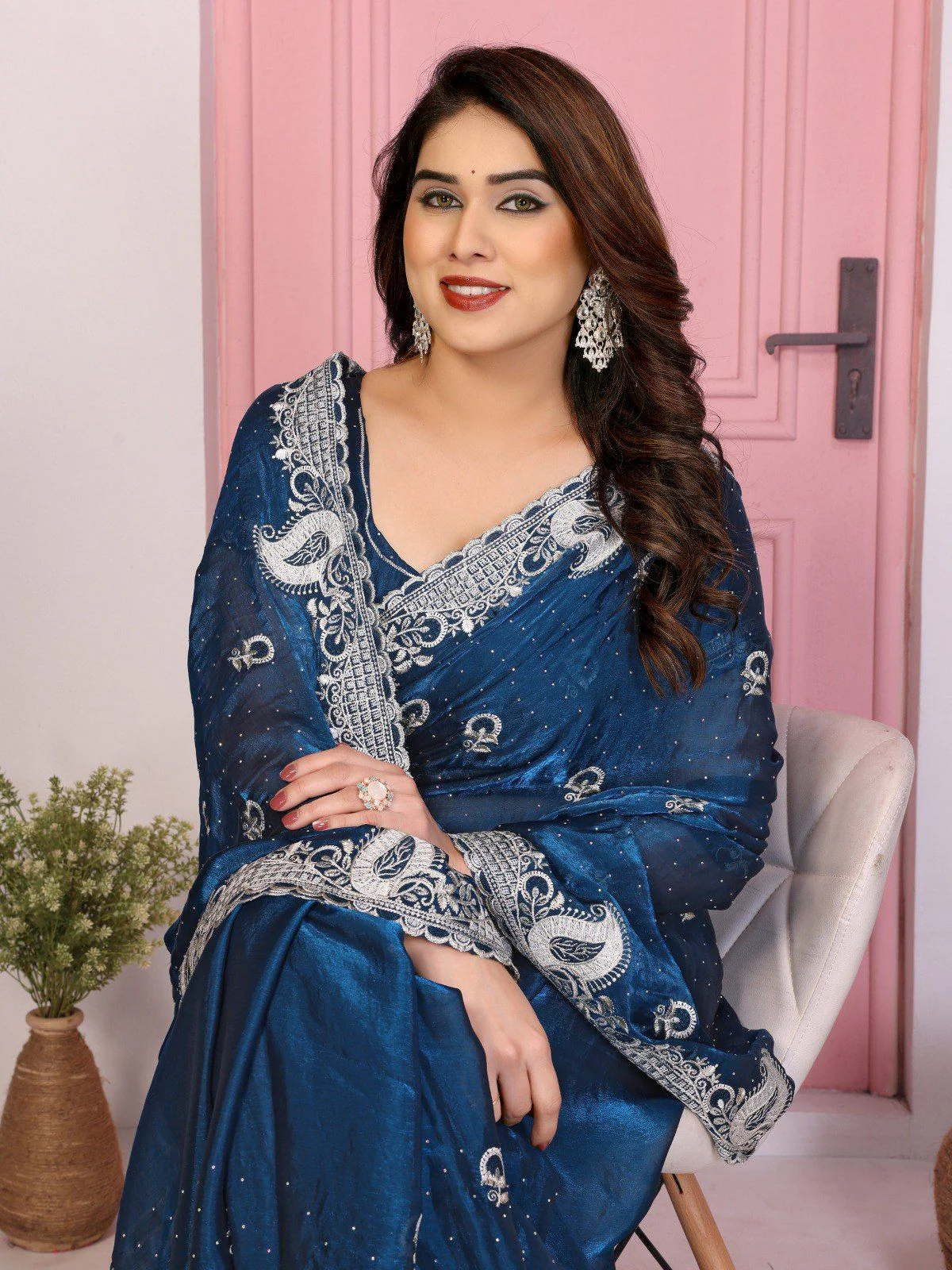 Odette Teal Chiffon Embroidered Saree For Women - Image 2